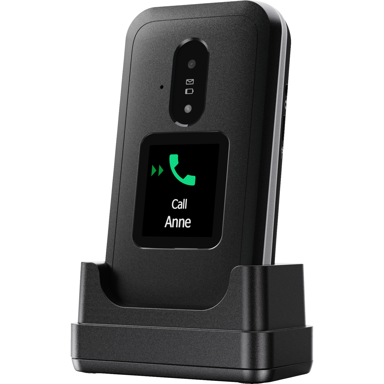 Black phone on a black charging base. The screen shows a green phone icon and 'Call Anne'. Buttons are above the screen.