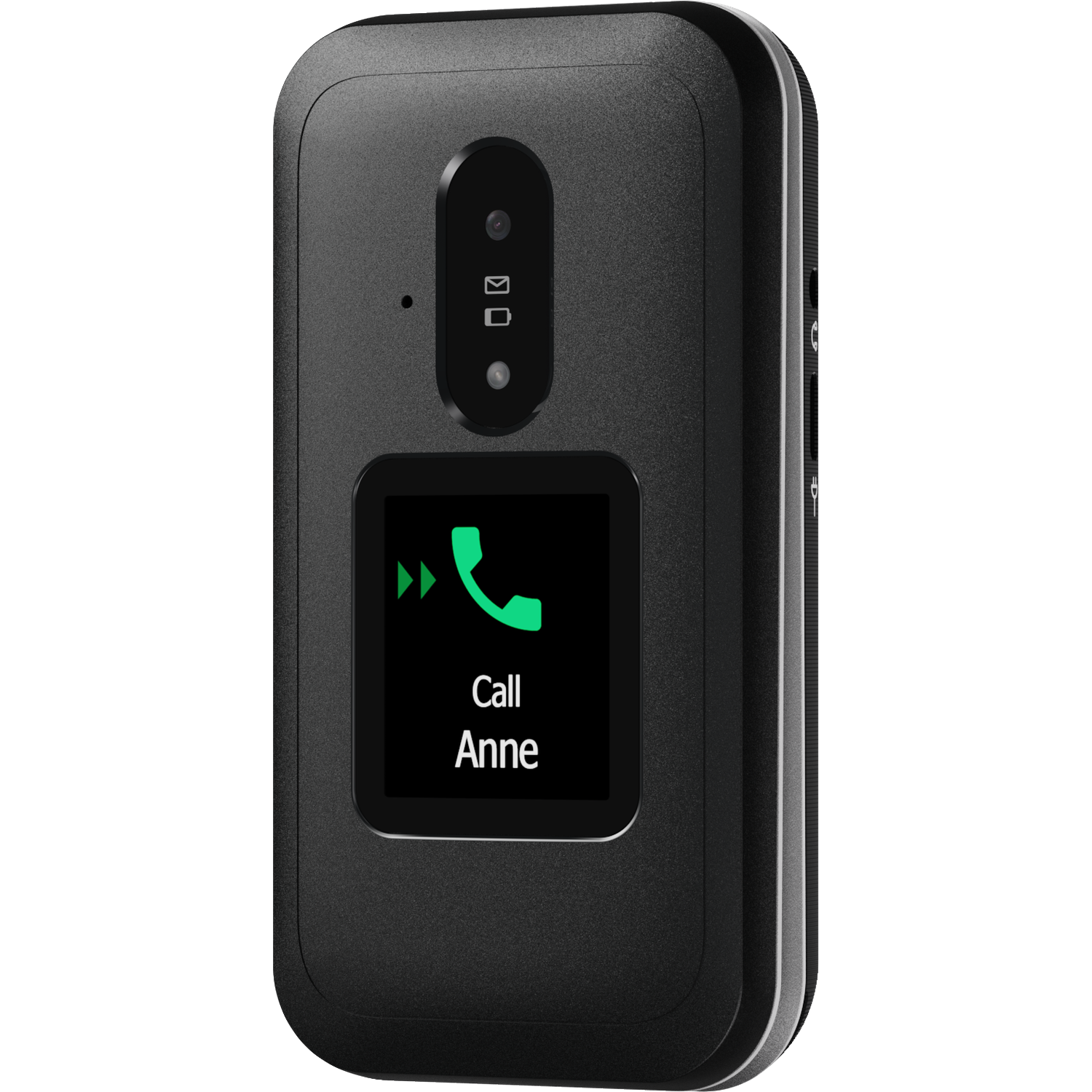 A black flip phone is open, displaying a green call button to Anne. The phone has a camera, speaker, and other buttons.
