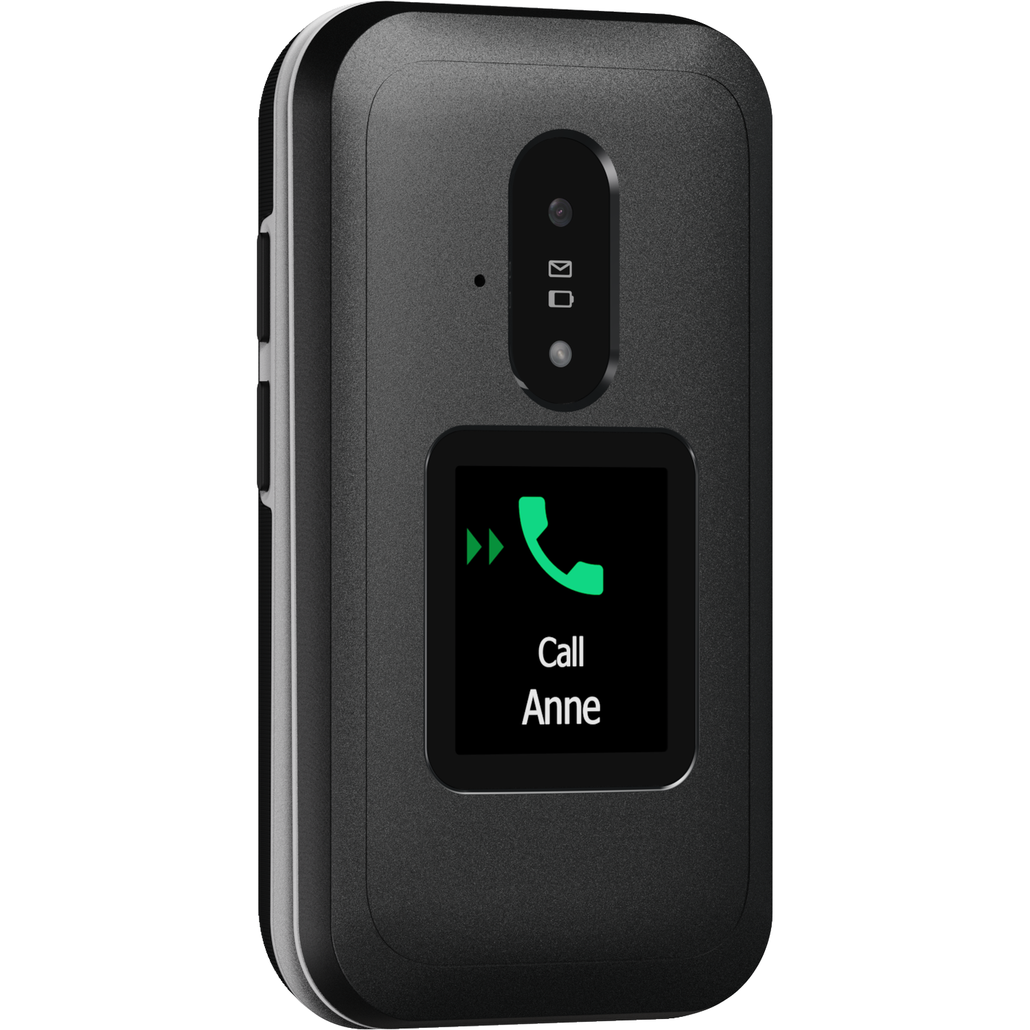 A black flip phone displays 'Call Anne'. It has a camera, icons, and a green call icon on a black screen.