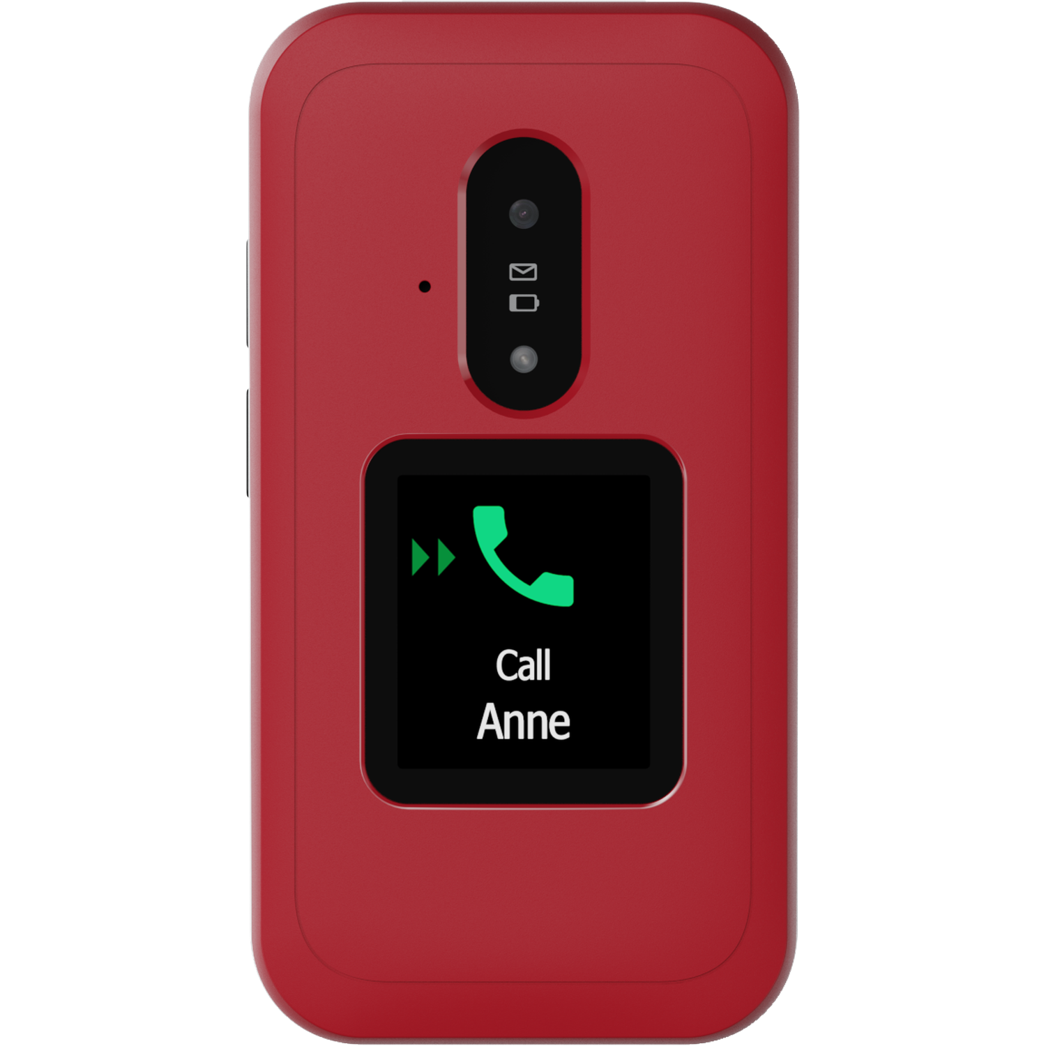 Red phone with black screen displaying a green phone icon and 'Call Anne'. It has buttons and a camera.
