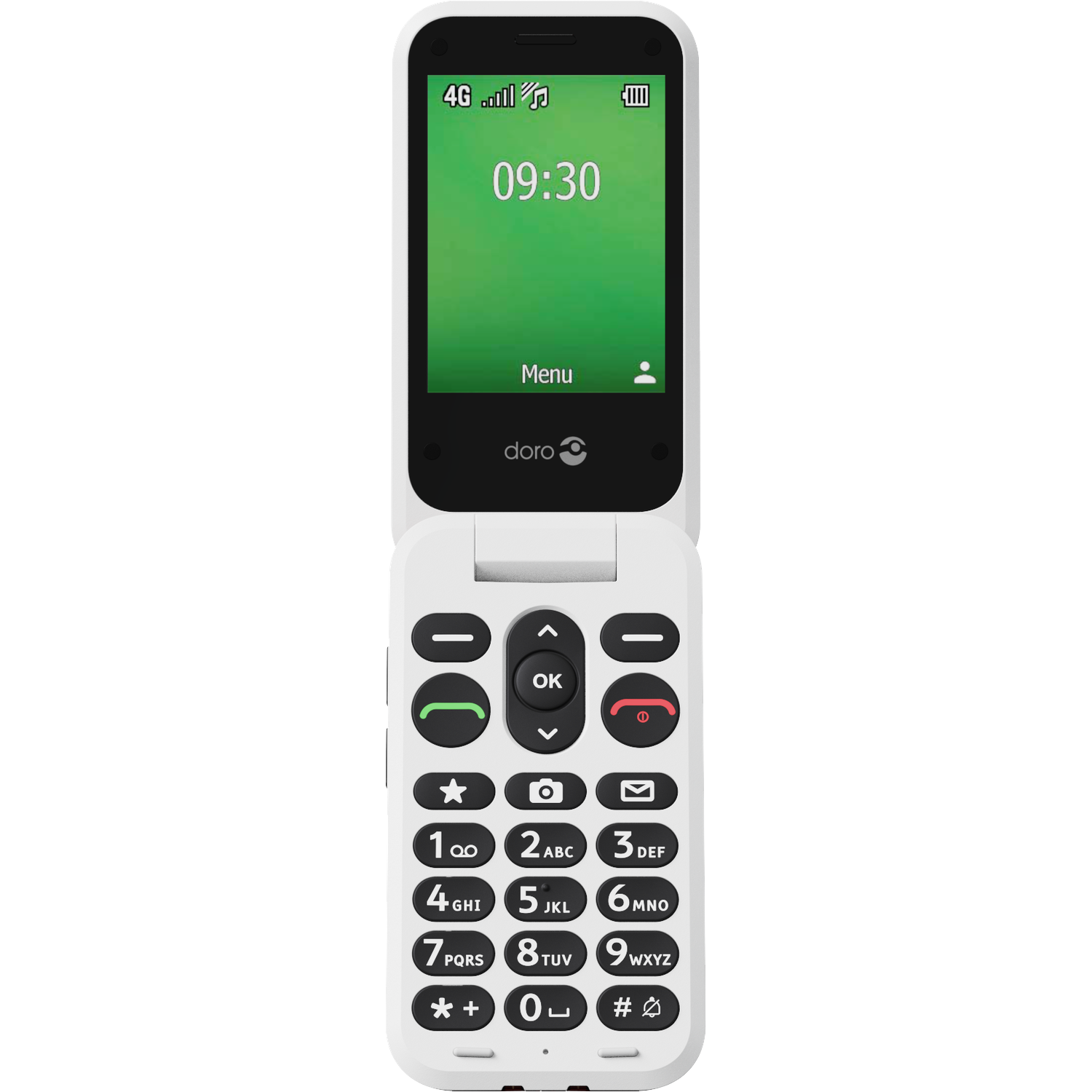 A white flip phone with a green screen showing 09:30. It has large buttons and a doro logo.