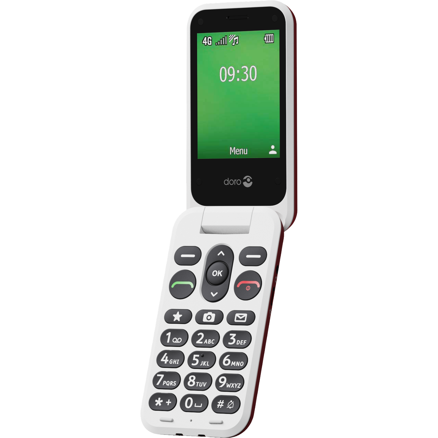 A white flip phone with a green display showing 09:30 and 'Menu'. It has large buttons and a red trim.