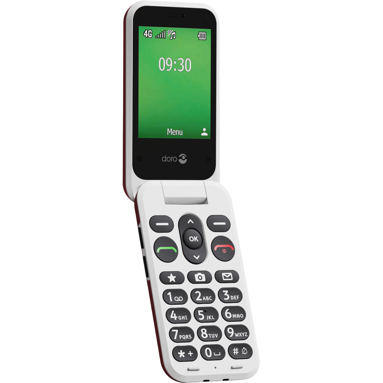 A white and burgundy clamshell phone is open, displaying the time and menu. It has large buttons for easy use.