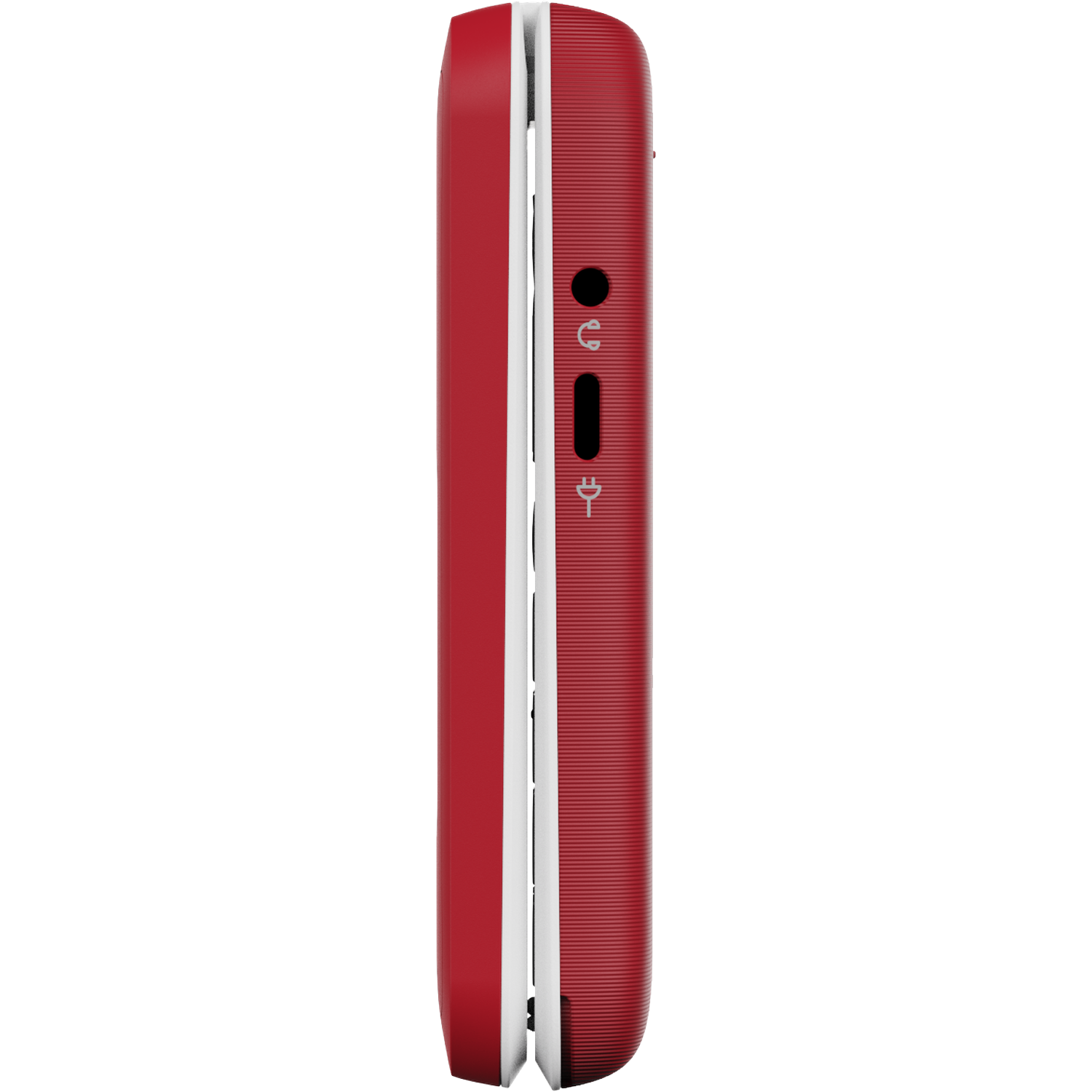 Side view of a red and white flip phone. It has a headphone jack, charging port, and power button on the side.