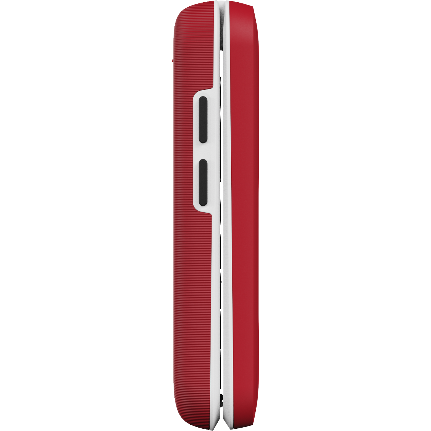 Side view of a red cell phone with white accents. The phone is closed, showing a textured red surface and white buttons.