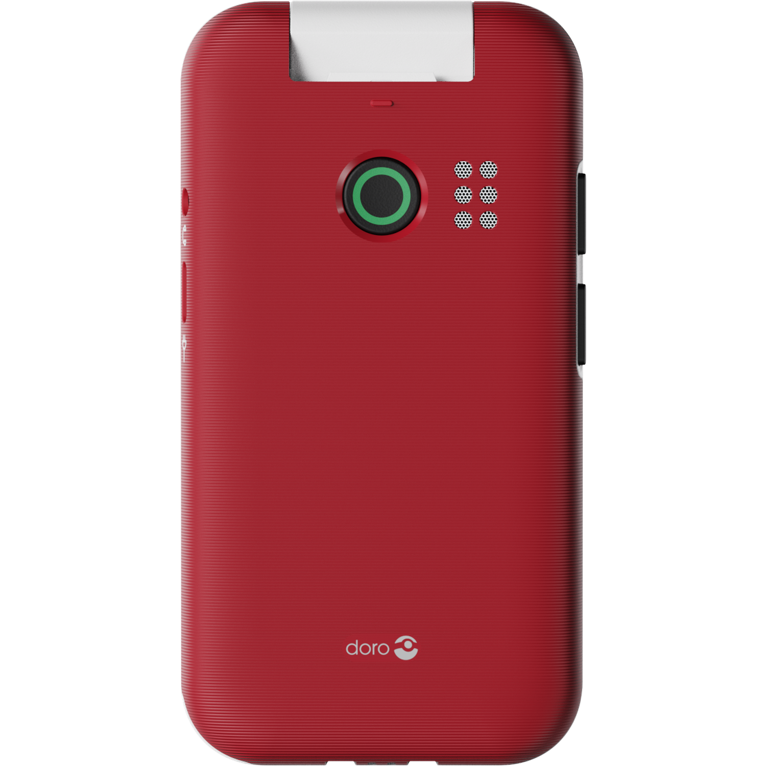 Red Doro phone with white top section and green circle button. Features include speaker holes and side buttons.