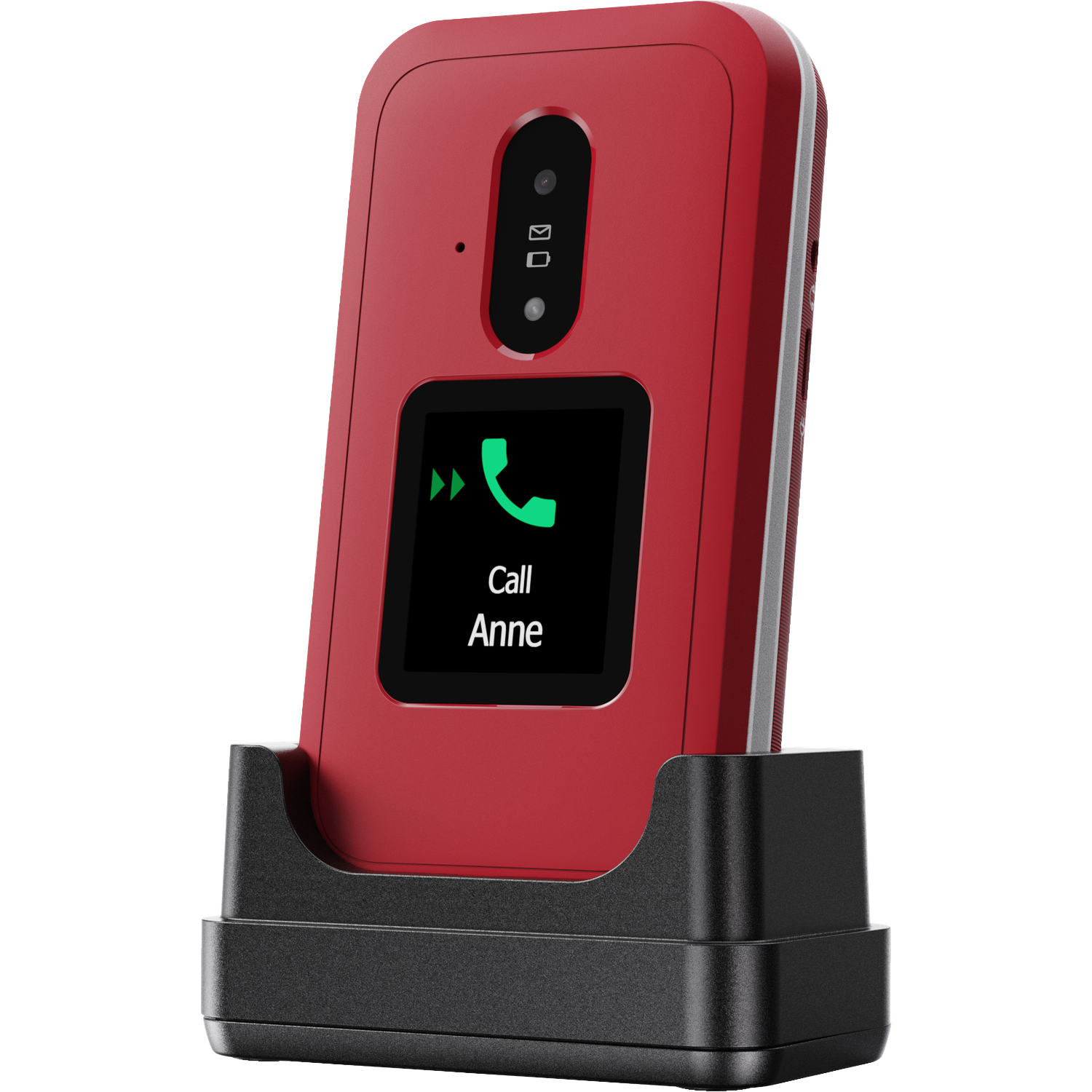 Red phone on a black base. The screen shows a call to Anne, with a green phone icon. The phone is a flip phone.