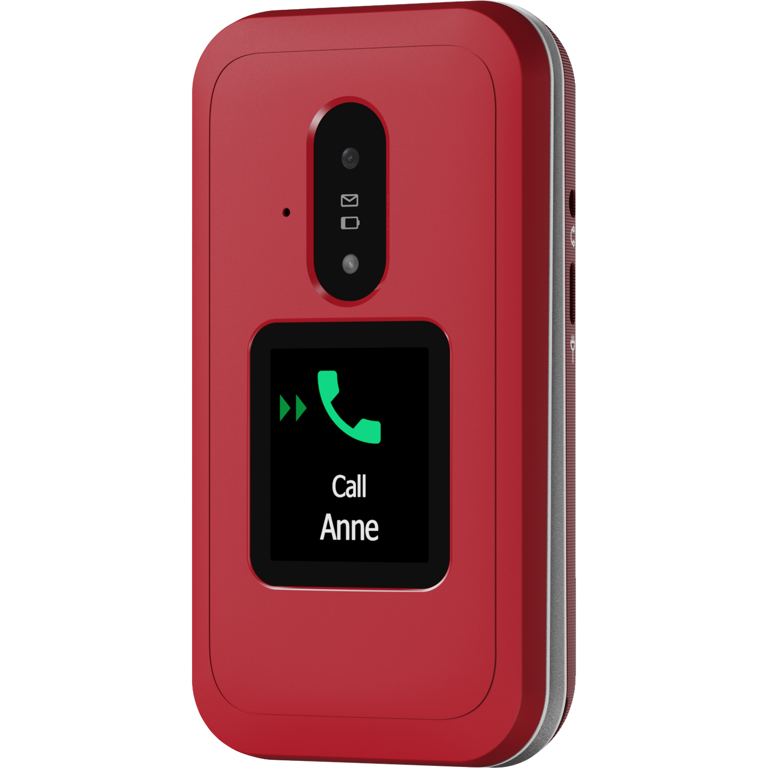 Red flip phone with a screen displaying a call to Anne. Features a camera and a speaker. Side has buttons.