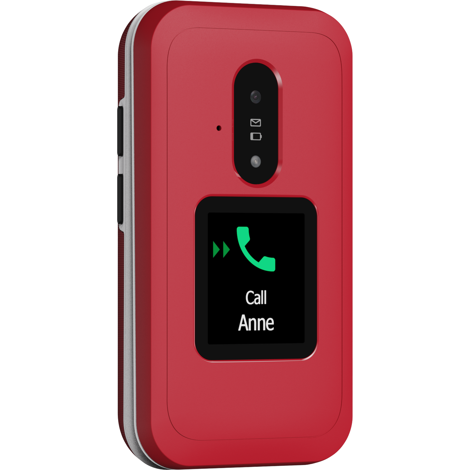 Red flip phone with a screen displaying 'Call Anne'. It has a camera and indicators on the top part.
