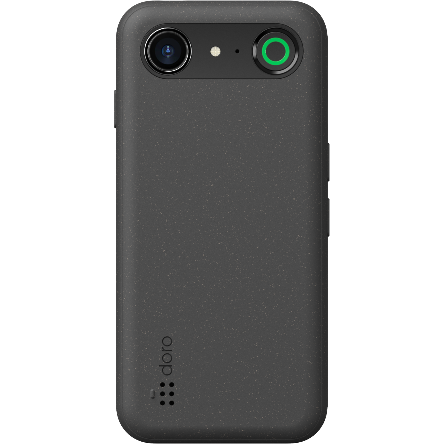A black Doro phone. It has two cameras, a green button, and the Doro logo. The phone has a textured surface. 