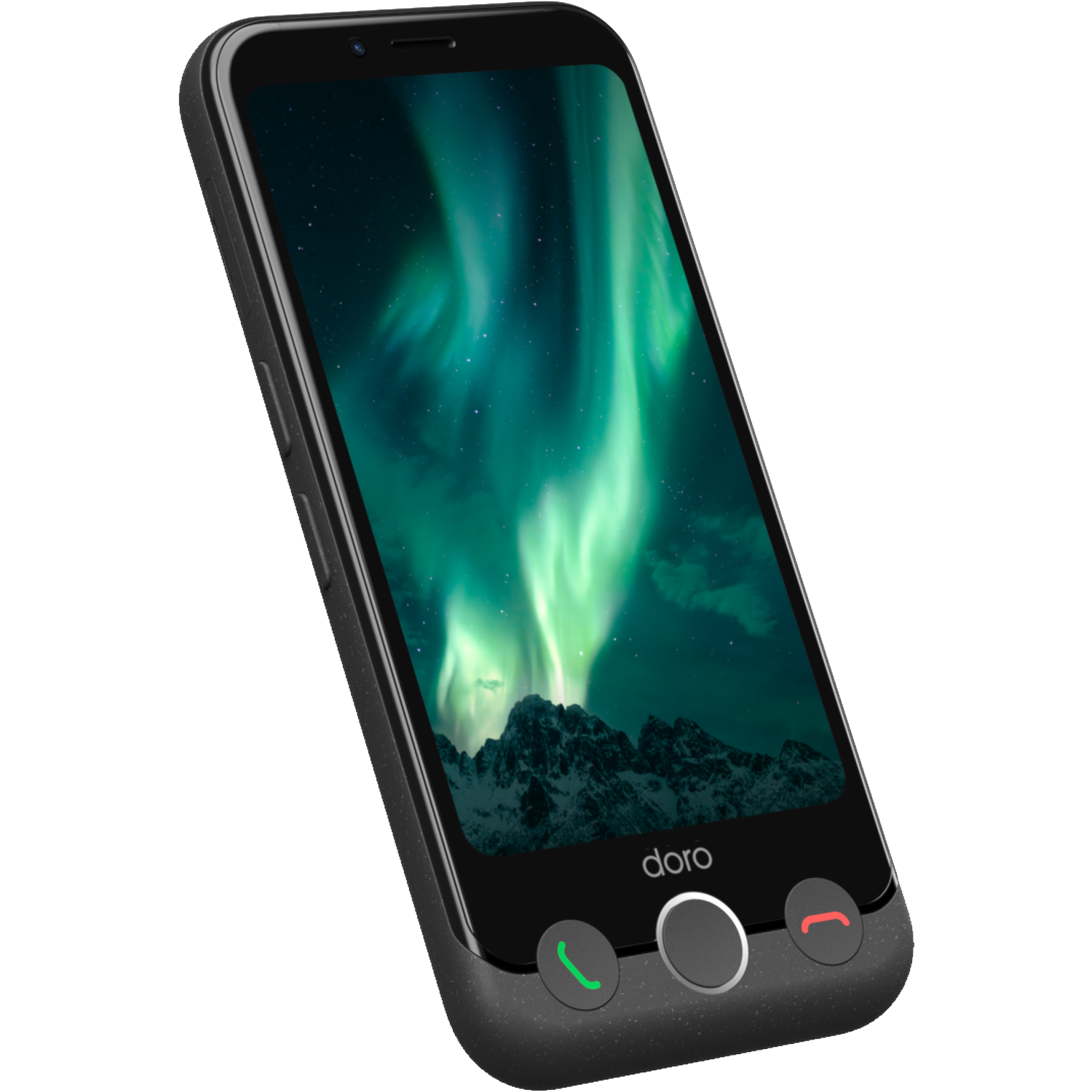 A black smartphone displays the aurora borealis. It has a physical home button and call buttons.