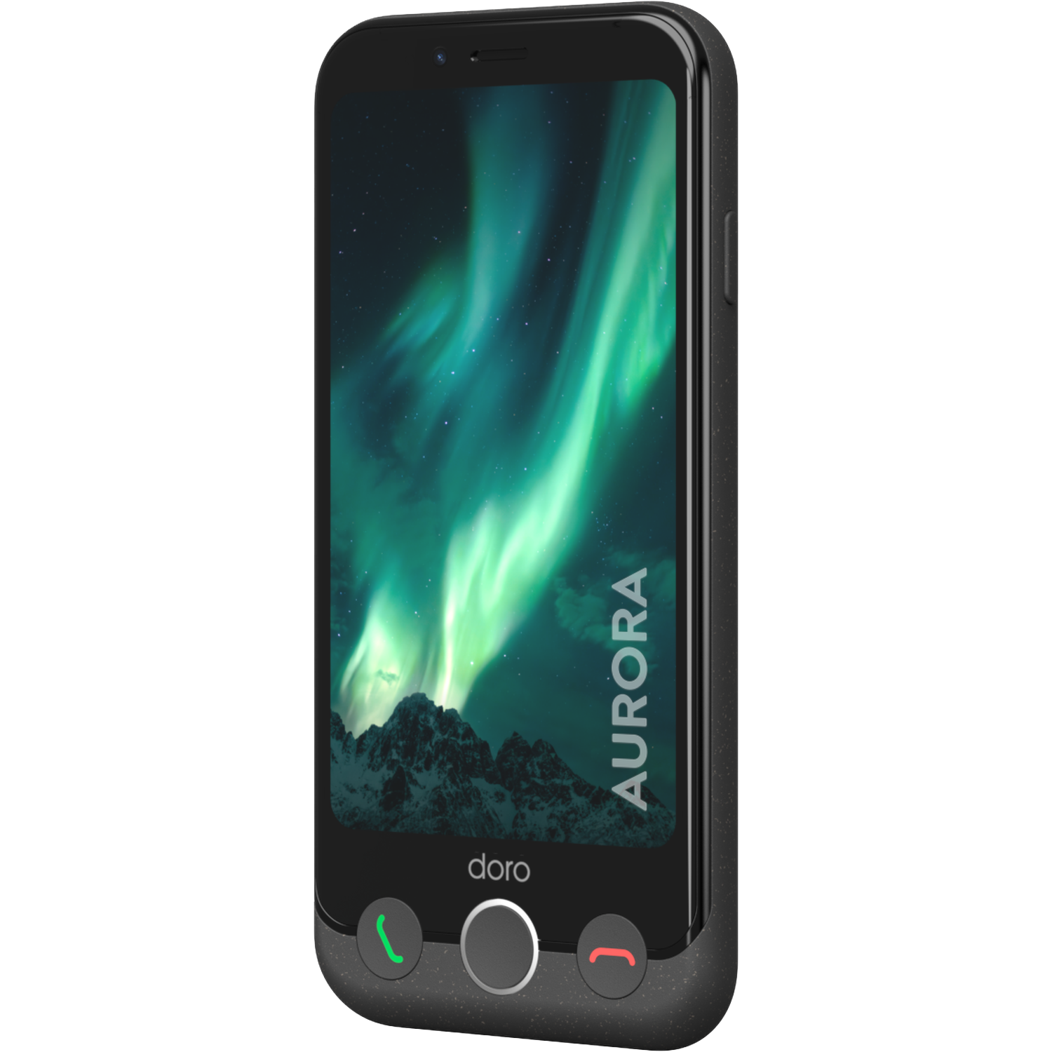 A black Doro phone displays the aurora borealis. It has a green call button, a gray center button, and a red end call button.