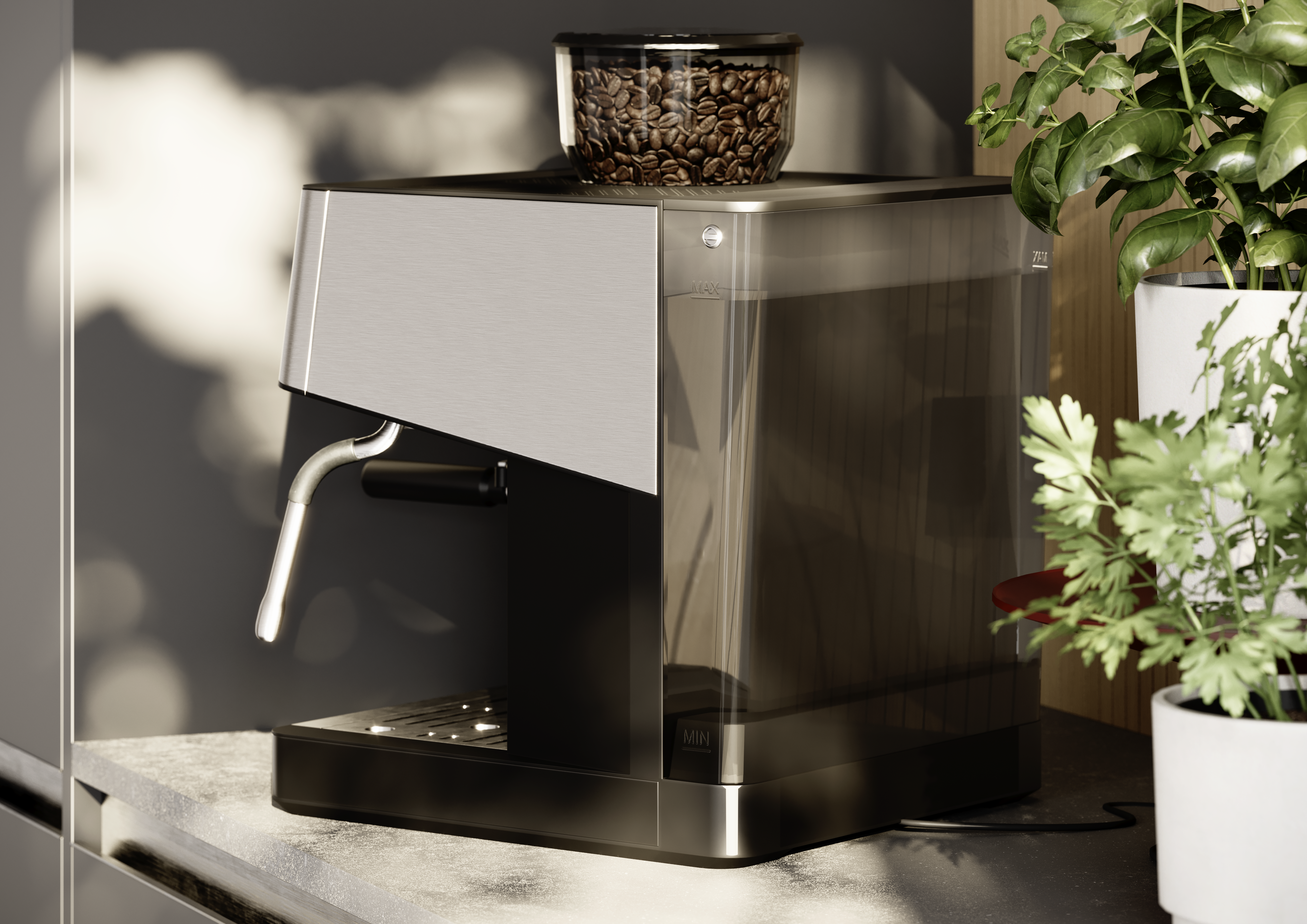 Ekspres do kawy z ziarnami kawy w szklanym pojemniku. Rośliny w doniczkach w tle. Maszyna stoi na blacie.