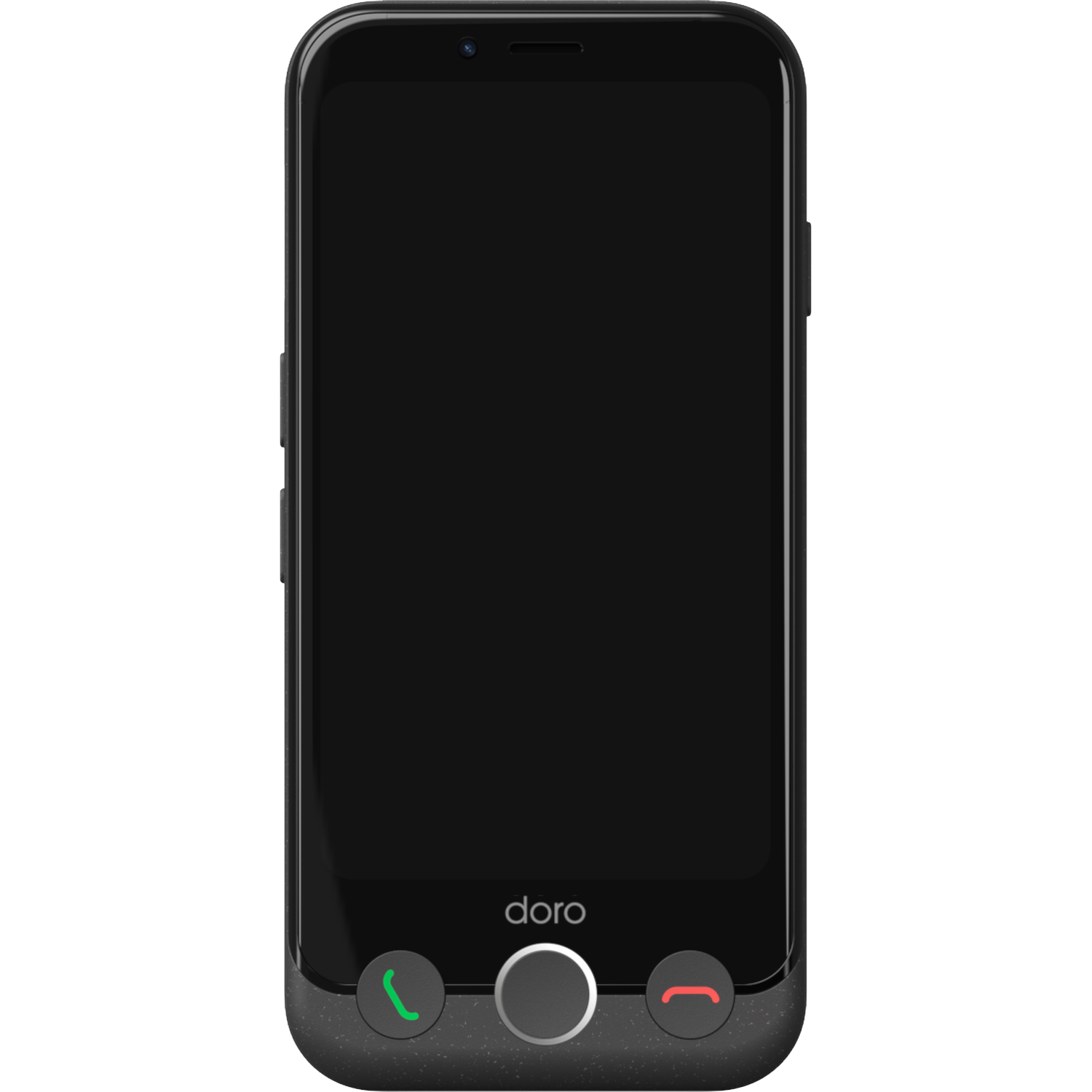 A black Doro smartphone. It has a black screen, a silver button, a green call button, and a red hang-up button.