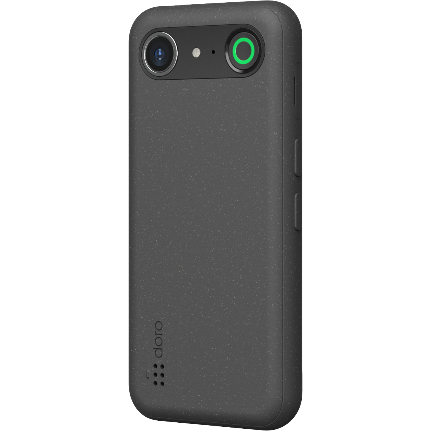 A dark gray phone case with two cameras, a green light, and the 'doro' logo. The case has a textured surface and rounded edges.