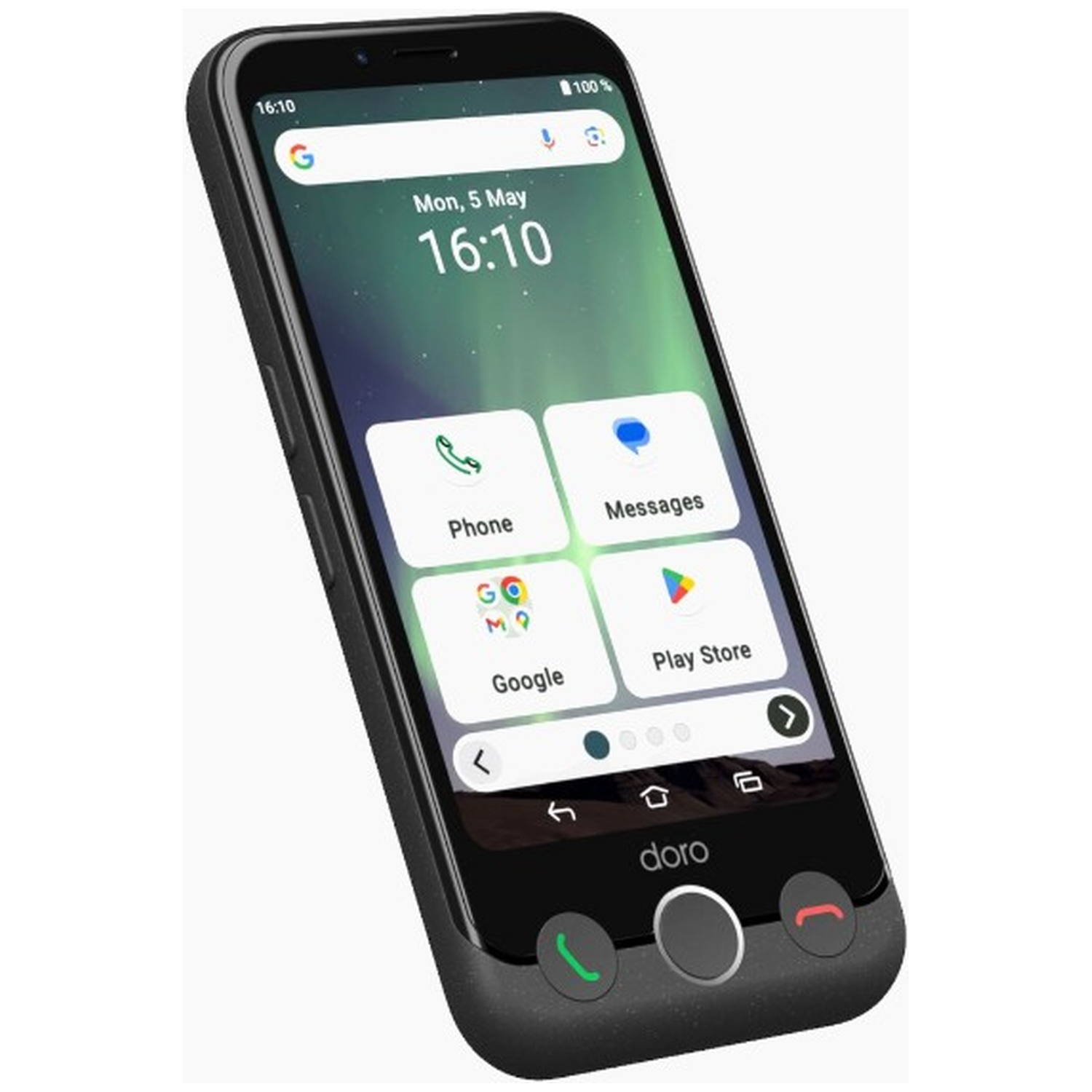 A black Doro smartphone displays its home screen with app icons: Phone, Messages, Google, Play Store. Time: 16:10.