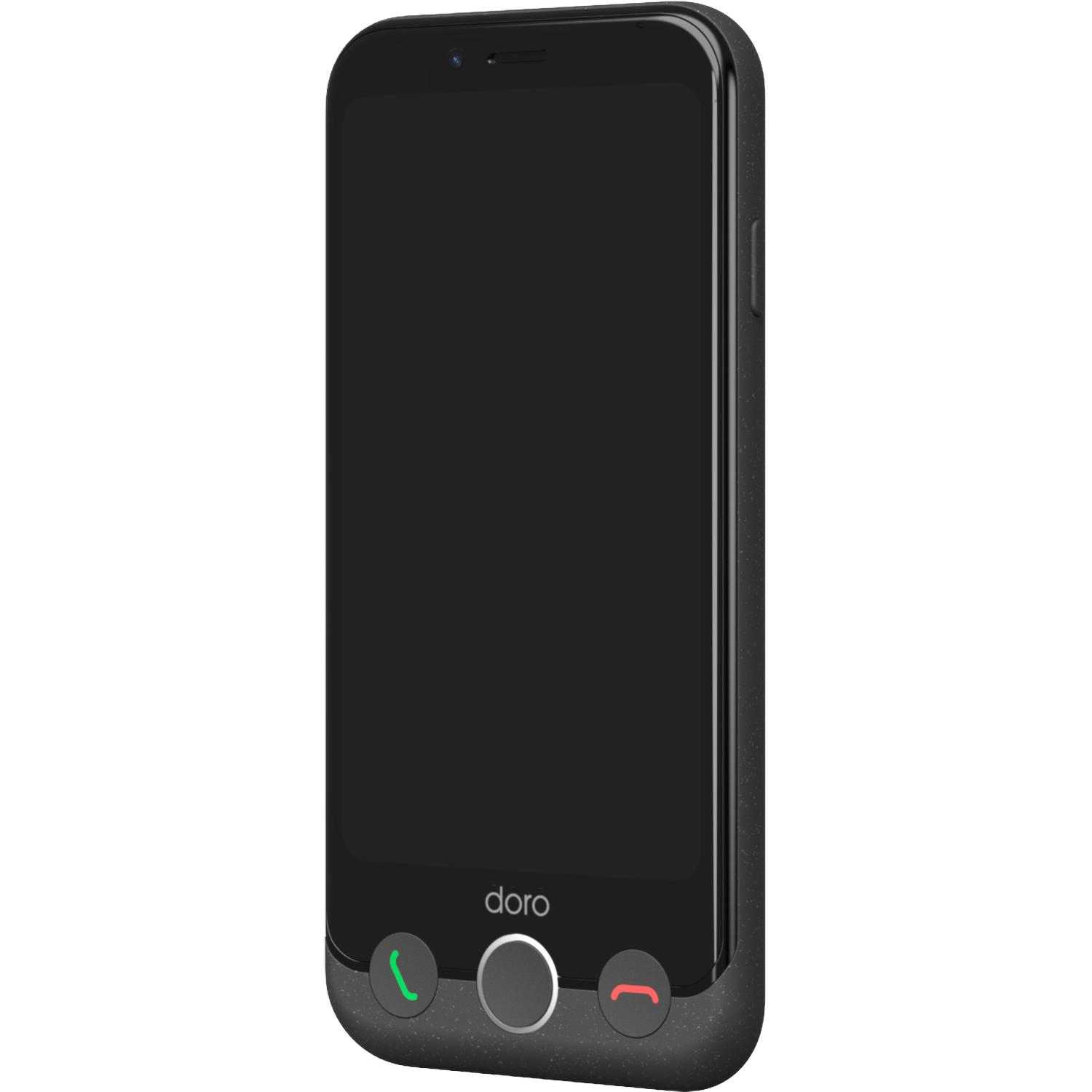 A black Doro smartphone with a large screen, green and red call buttons, and a central circular button, on a white background.