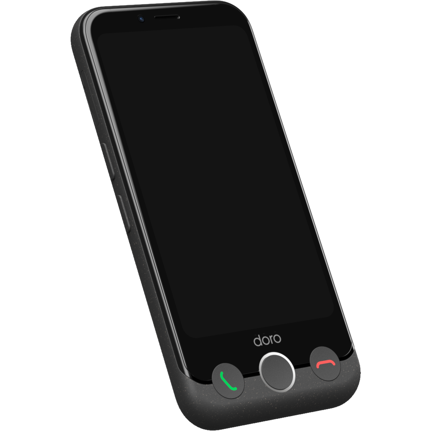 A black smartphone with a dark screen is displayed. It has a green call button, a silver button, and a red call button.