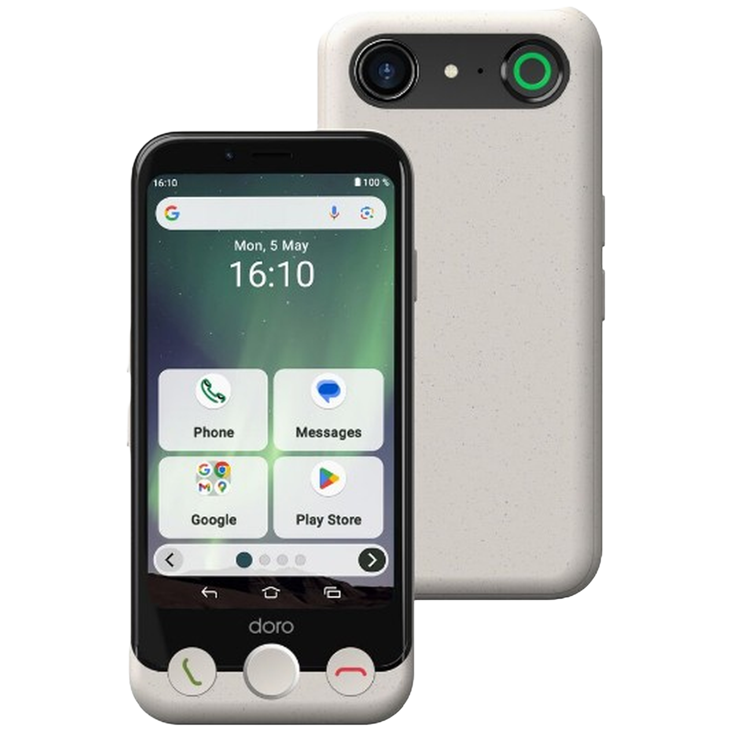 Een Doro-smartphone met touchscreen toont de tijd en app-iconen. Een tweede telefoon staat op de achtergrond.