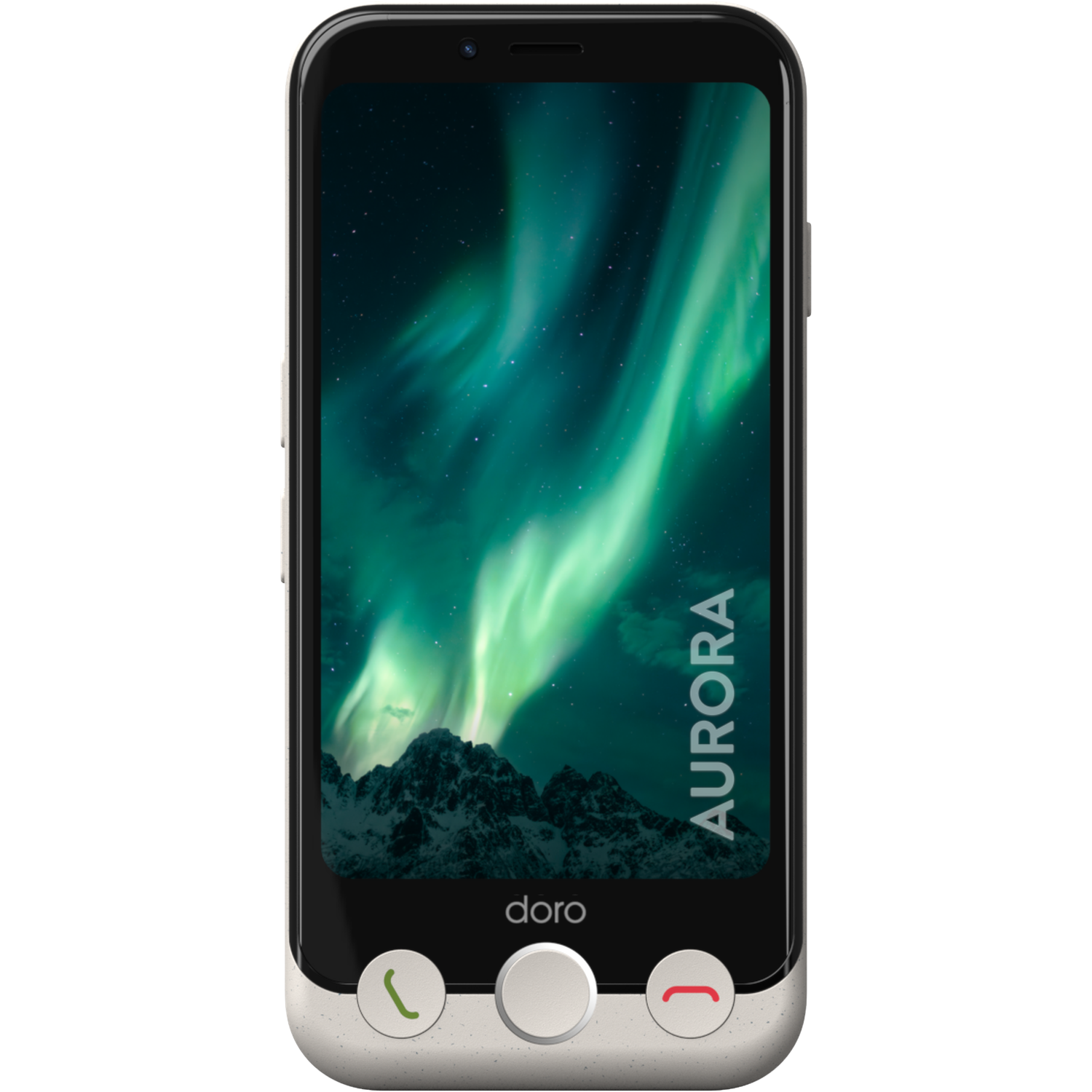 Een smartphone toont het noorderlicht boven bergen. De telefoon is zwart en zilver, met belknoppen. Tekst: 'Aurora' en 'doro'.