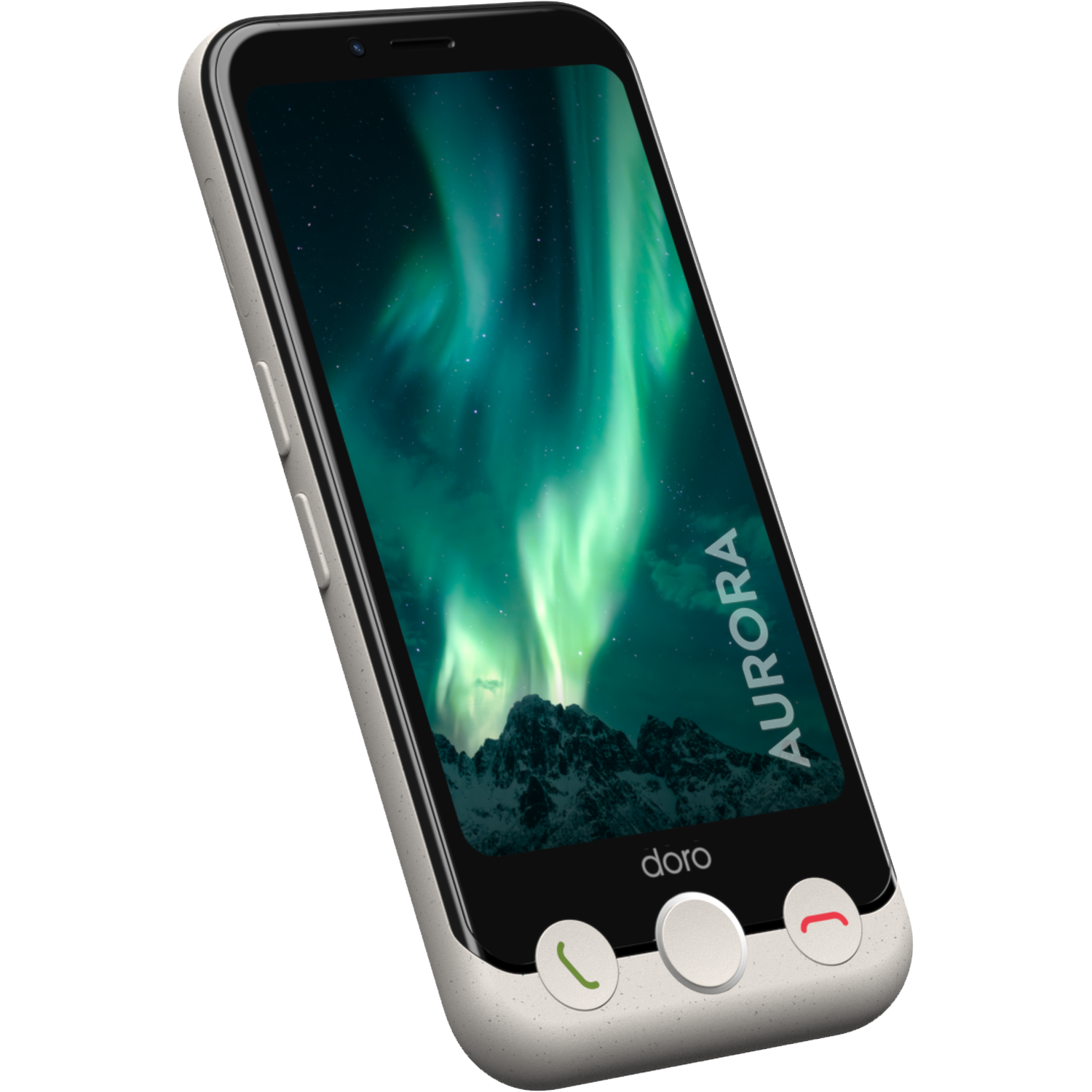 Een smartphone met een scherm dat het noorderlicht toont. De telefoon is lichtgrijs met zwarte randen en heeft drie knoppen.