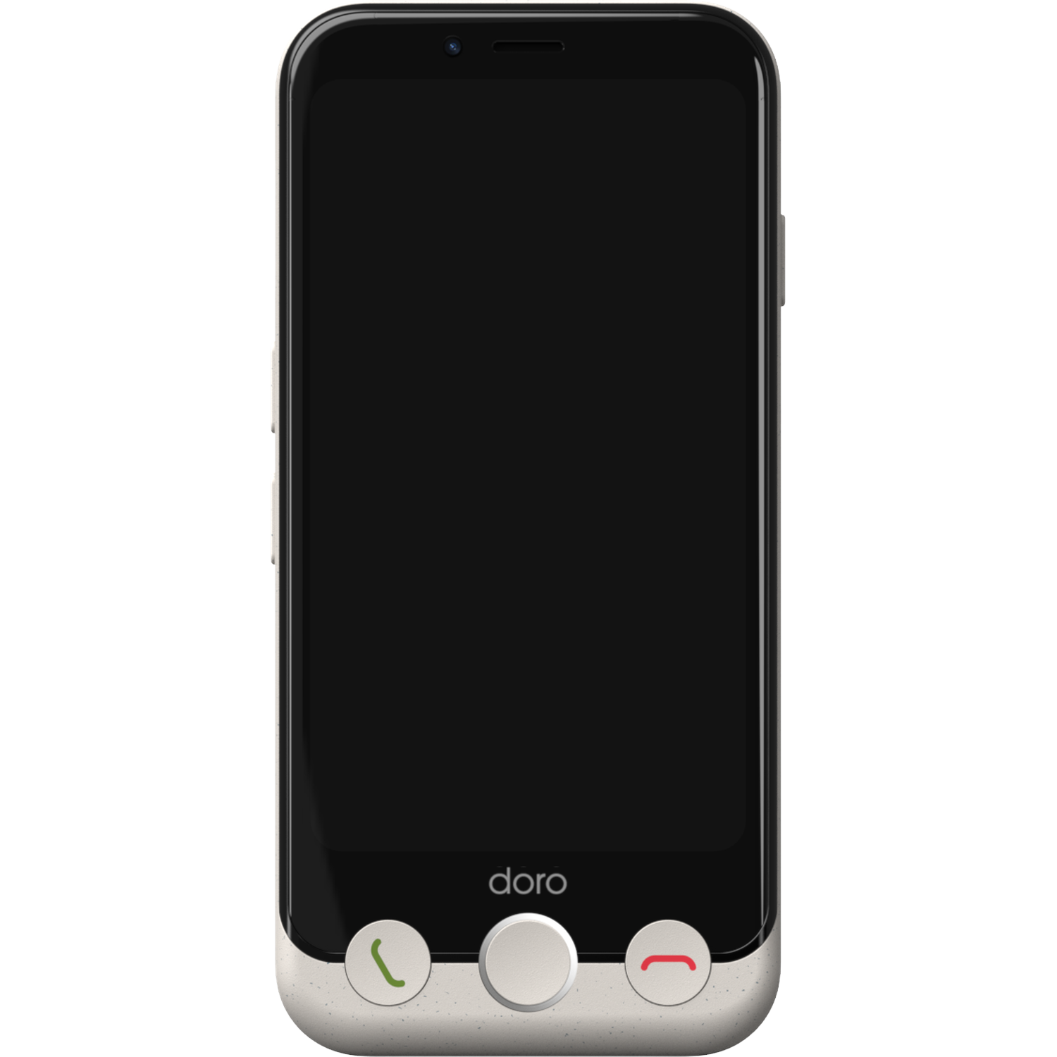 Een smartphone met een zwart scherm, het woord 'doro' staat op het scherm. Het heeft een groene en een rode belknop.
