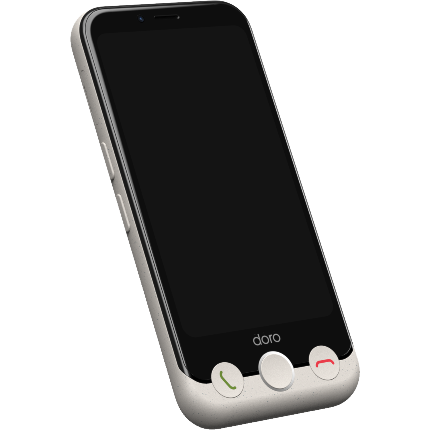 Een smartphone met een zwart scherm en een beige frame. Het heeft groene, witte en rode belknoppen.