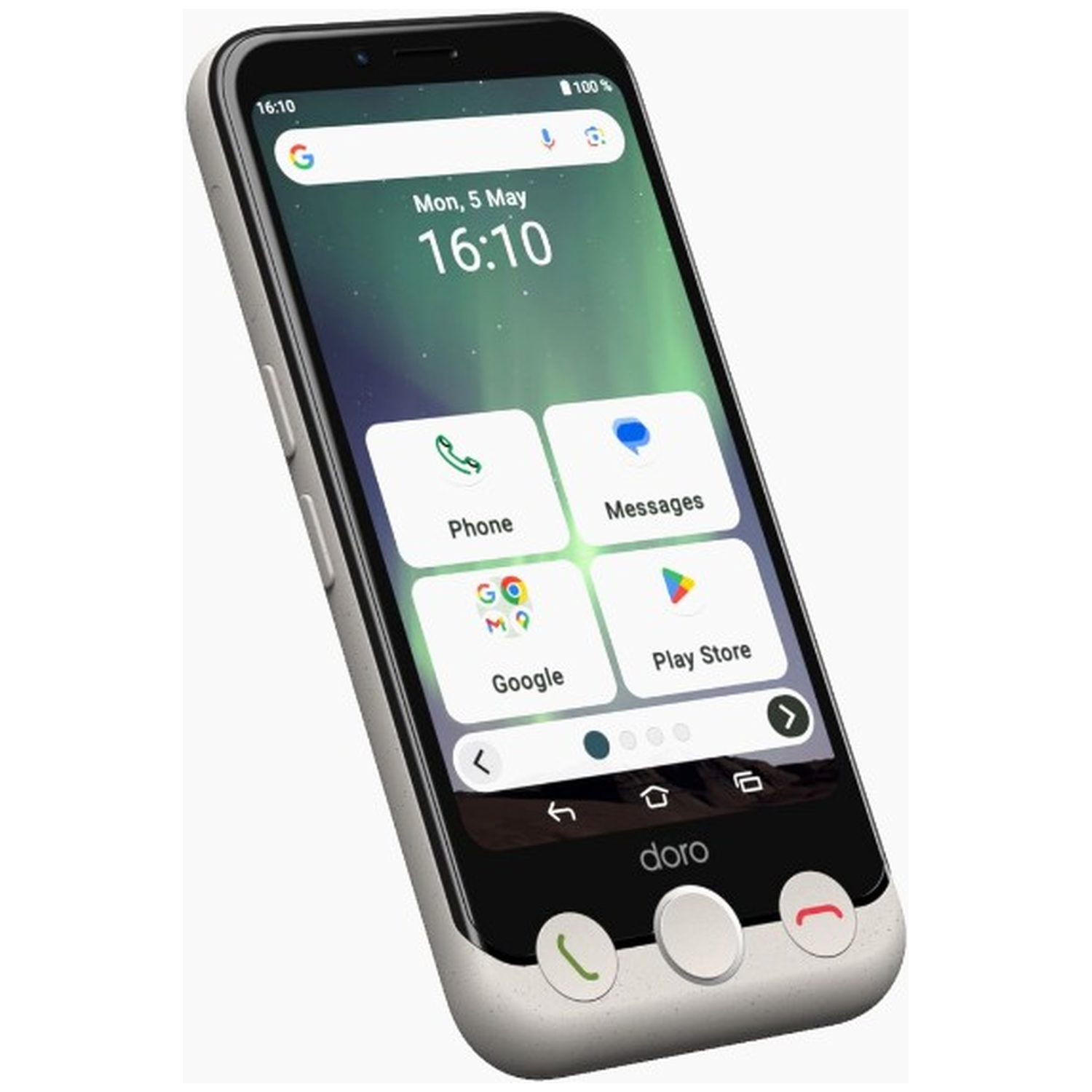 Een Doro-smartphone, met de tijd, datum en app-iconen. De telefoon heeft een wit frame, met een zwart scherm en knoppen.