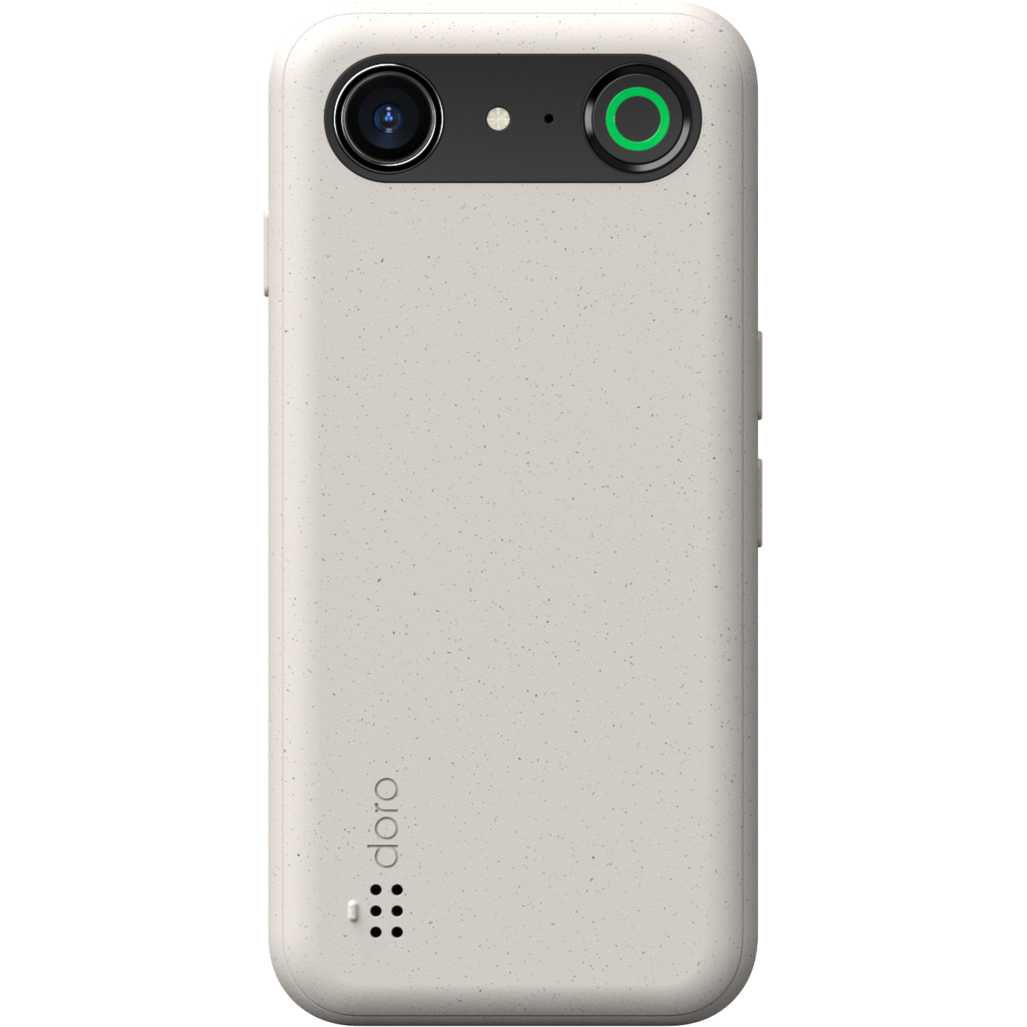 Een beige smartphone achterkant met camera, flitser en groene knop. Het merk 'doro' staat onderaan, het oppervlak heeft kleine vlekken.