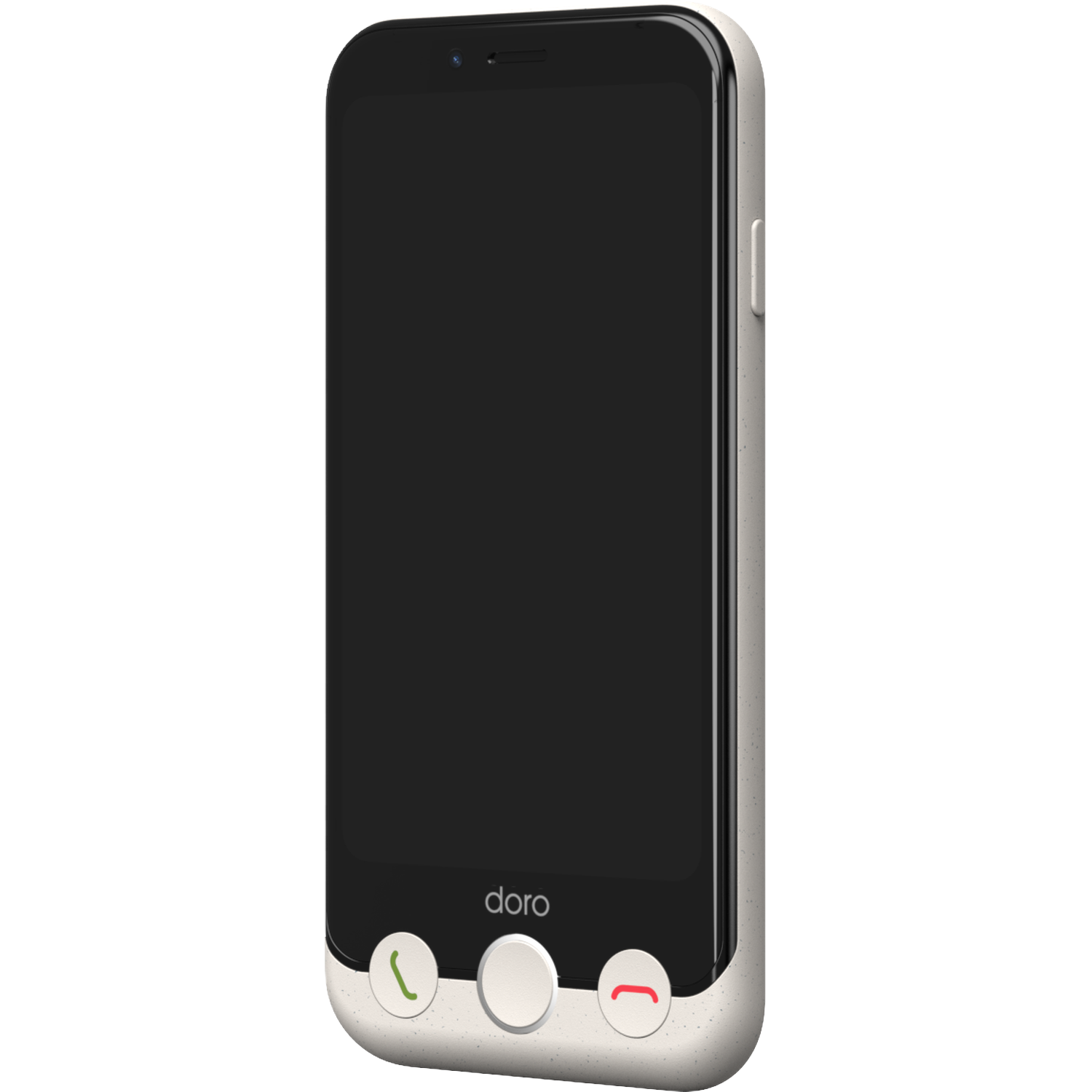 Een Doro-smartphone met een zwart scherm en een wit, getextureerd frame. De belknoppen zijn groen, wit en rood.