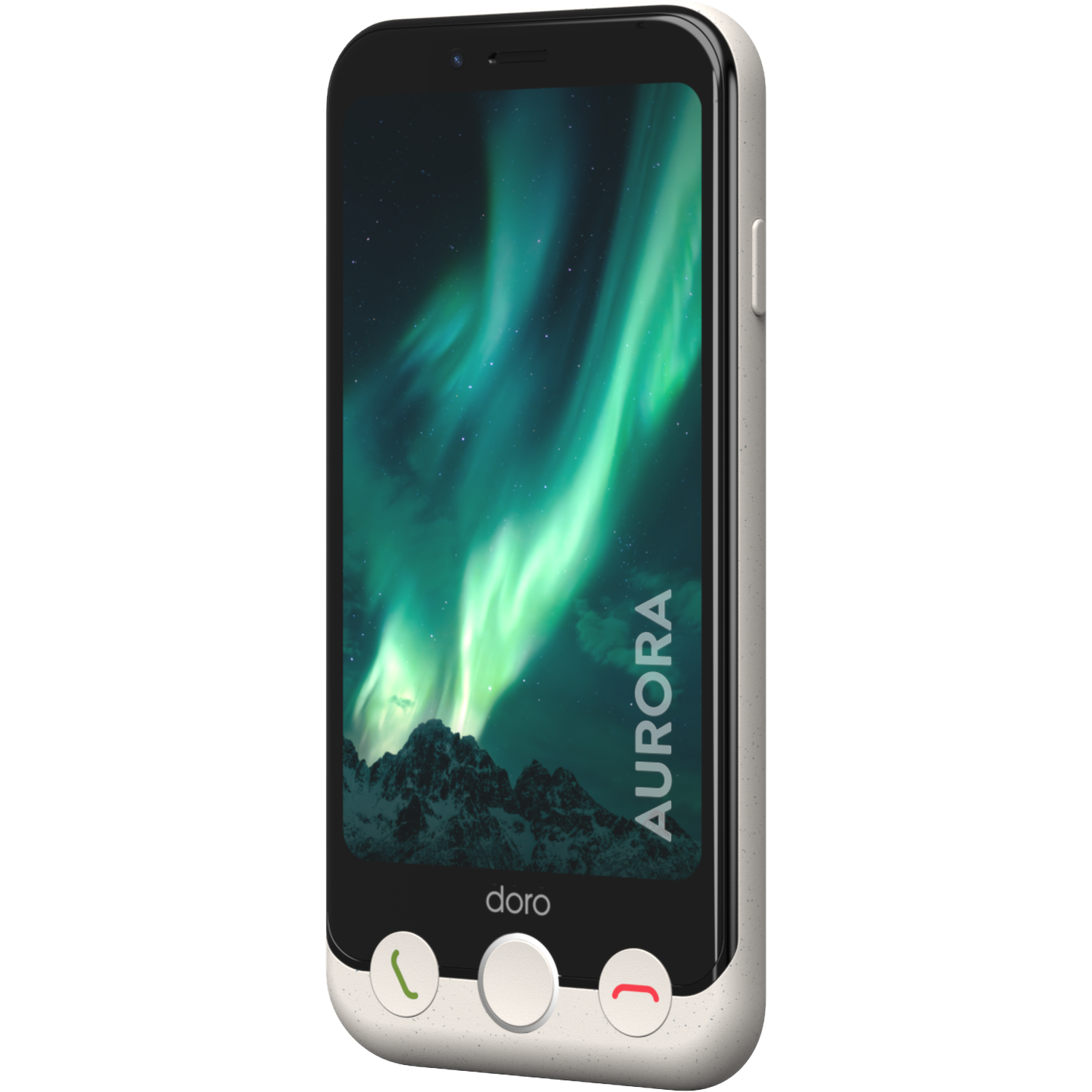 Een smartphone met een scherm waarop het noorderlicht te zien is. De telefoon heeft een crèmekleurige rand en een zwart scherm.