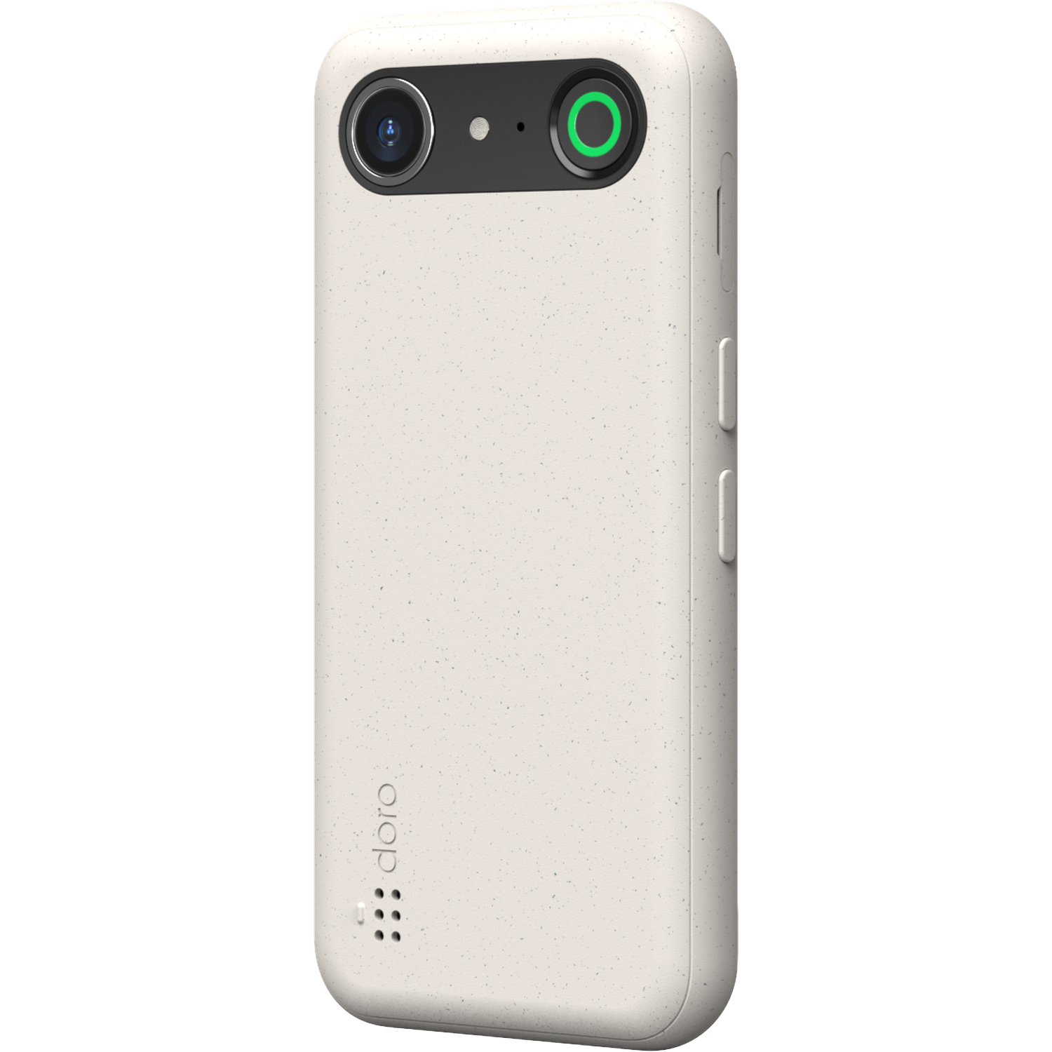 Een beige smartphone met drie camera's aan de achterkant. De telefoon heeft het woord 'doro' onderaan en twee knoppen aan de zijkant.