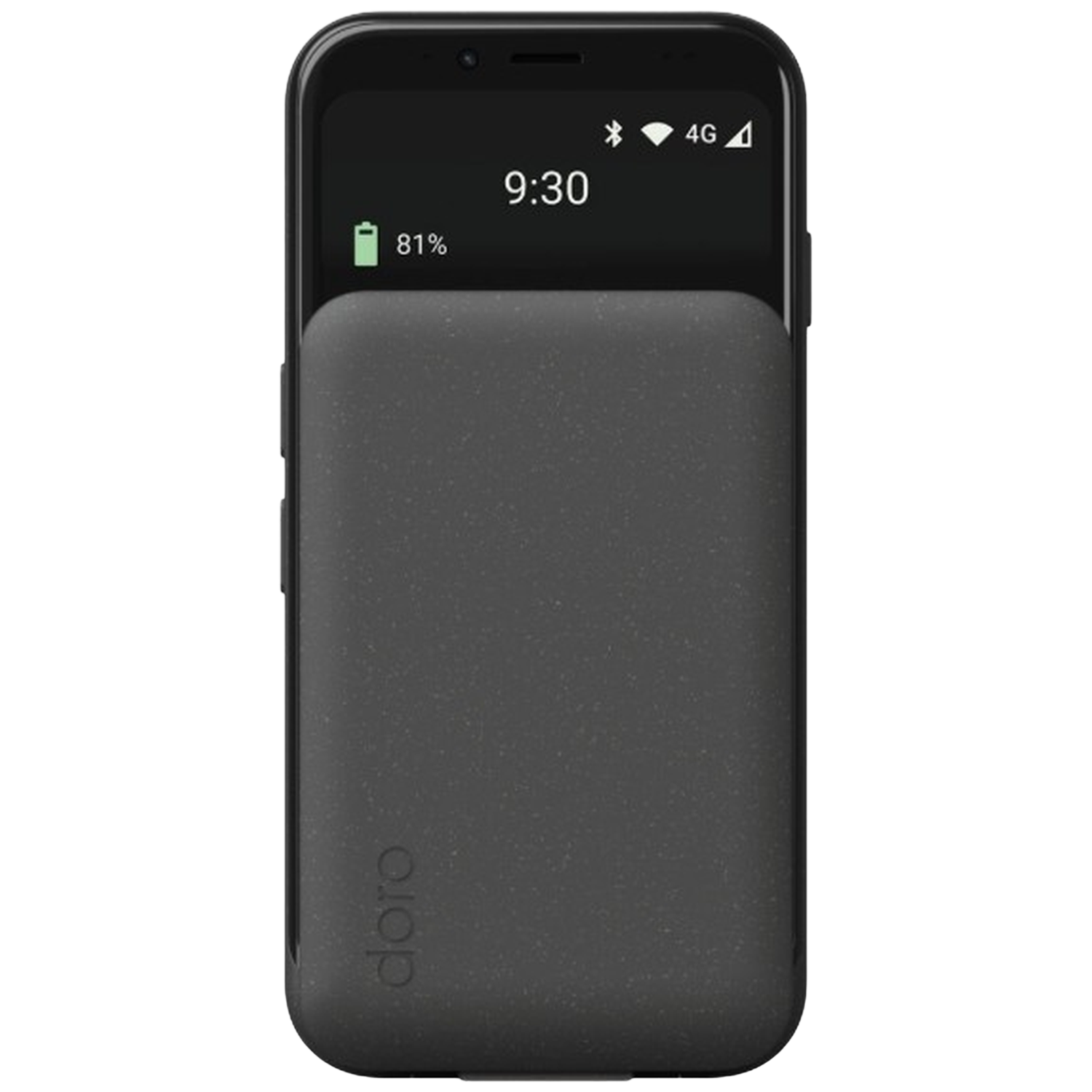 Zwarte smartphone met een hoesje. Het scherm toont de tijd, het batterijpercentage en het 4G-signaal. Het merk "doro" is zichtbaar.