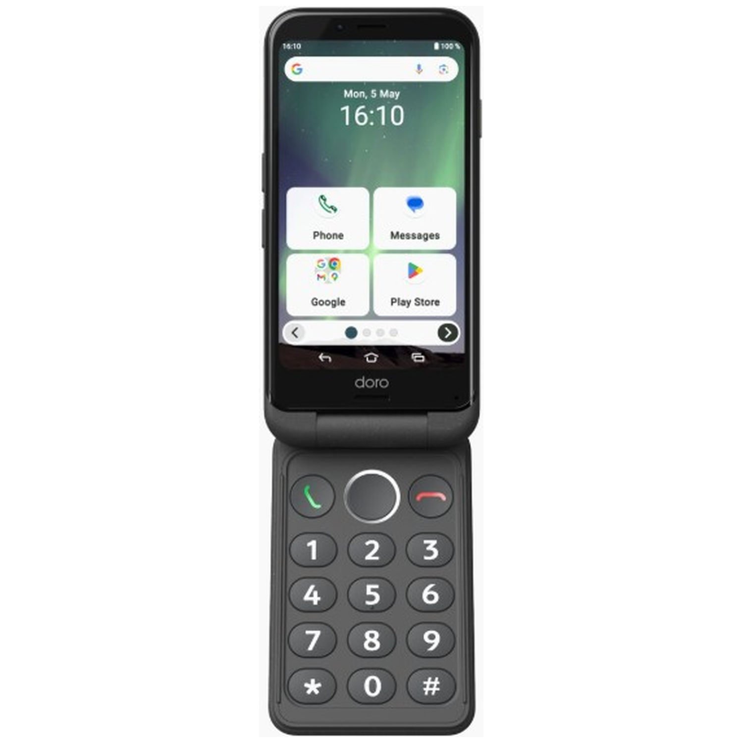 Een zwarte Doro klaptelefoon is open. Het scherm toont tijd, apps en een Google-logo. Het toetsenbord toont nummers en symbolen.