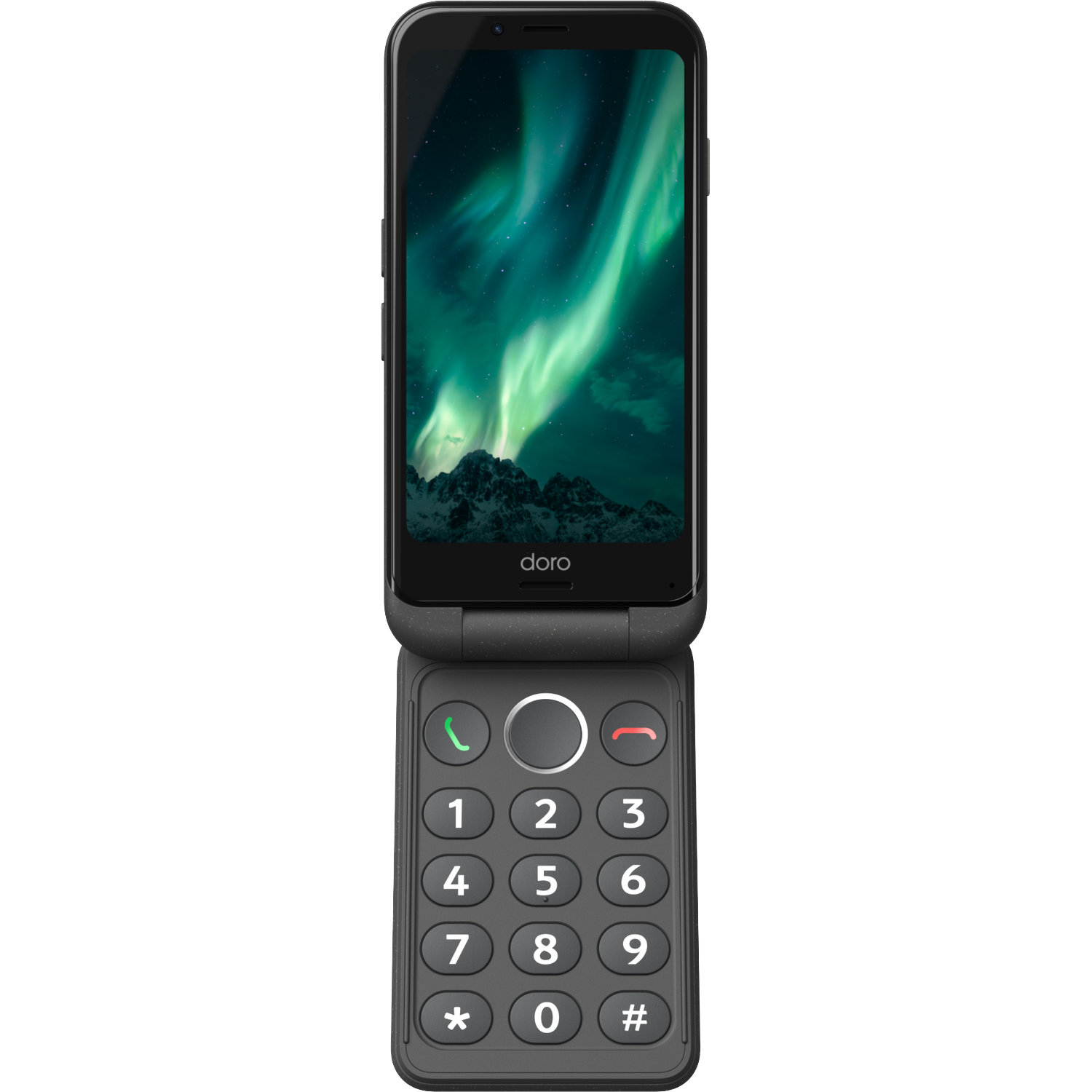 Een zwarte clamshell-telefoon met een scherm dat het noorderlicht toont. Het toetsenbord heeft grote knoppen.