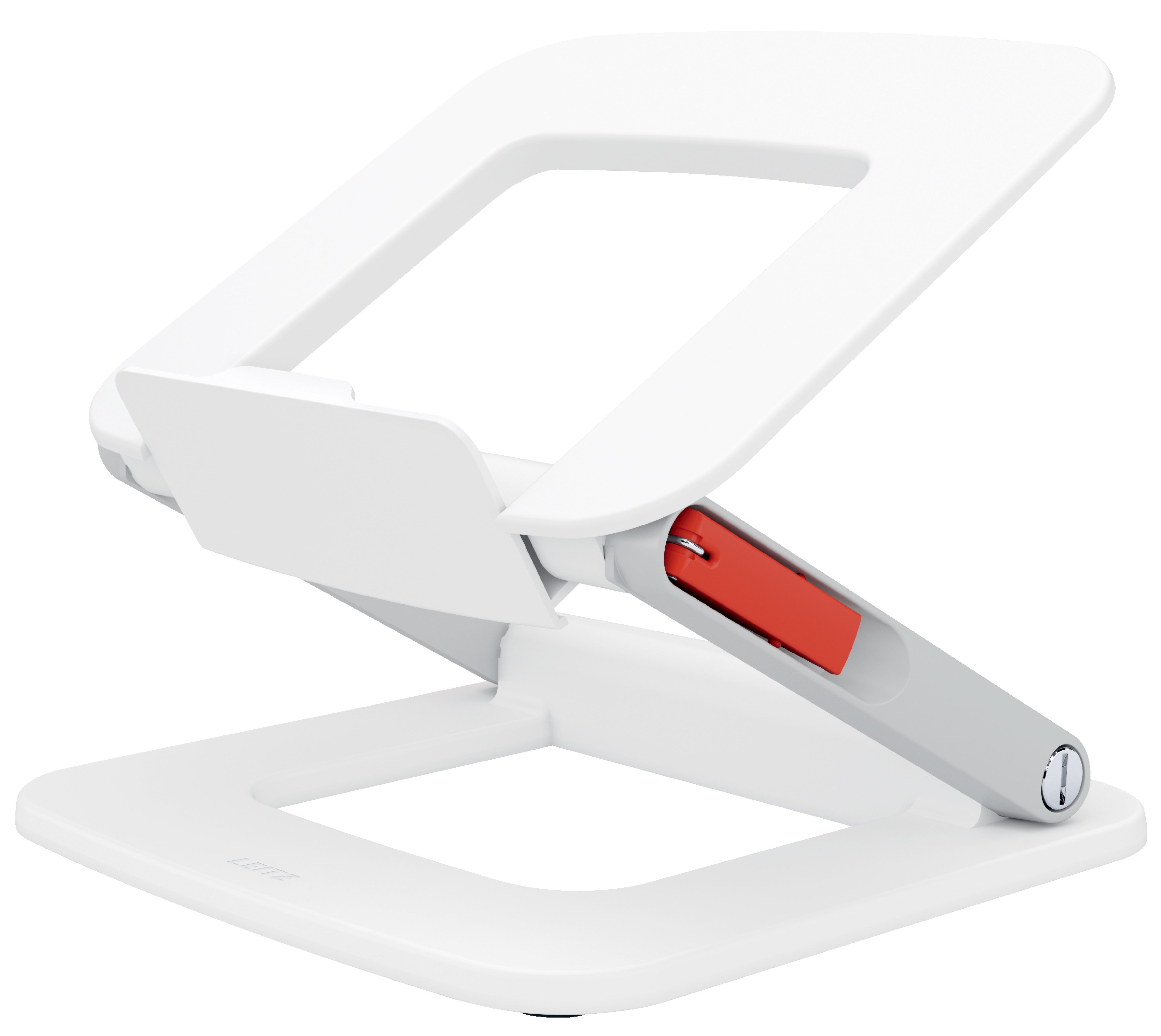 Weißer Laptop-Ständer mit rotem Knopfdetail. Graue Akzente. Minimalistisches Design. Leitz-Logo sichtbar.