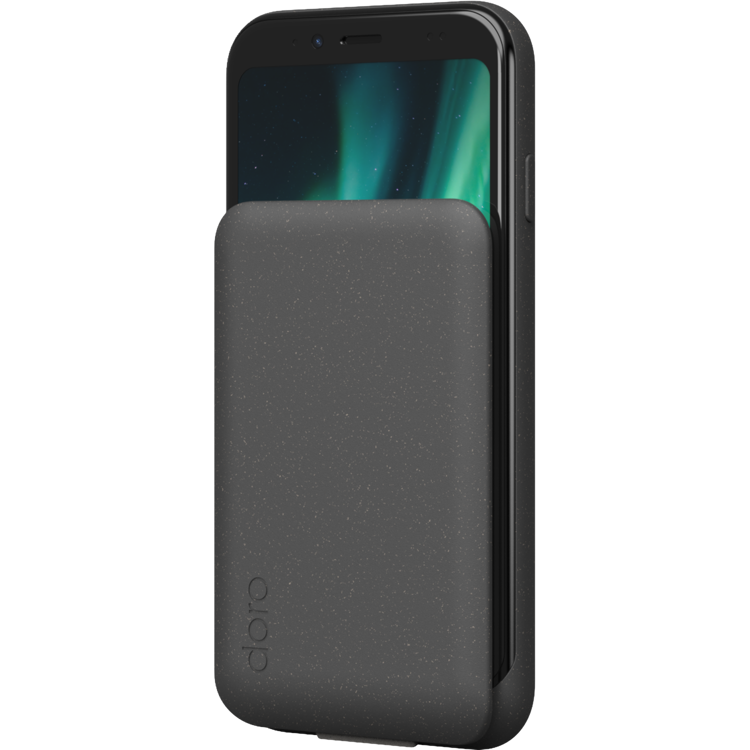 Een zwarte smartphone in een donkergrijze hoes. Het scherm toont een groen-witte aurora-achtige afbeelding. Het merk 'doro' is zichtbaar.