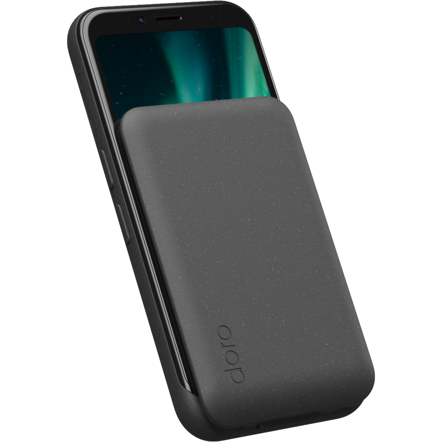 Een zwarte smartphone met een donkergrijze hoes. Het scherm toont een groene en blauwe aurora. De hoes heeft 'doro' branding.