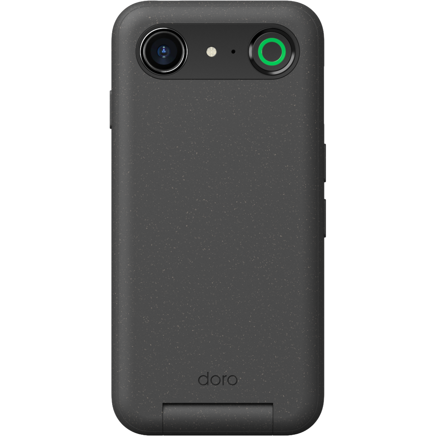 Een donkergrijze Doro-telefoon. Hij heeft een camera en een groene knop bovenaan. Het Doro-logo staat onderaan.