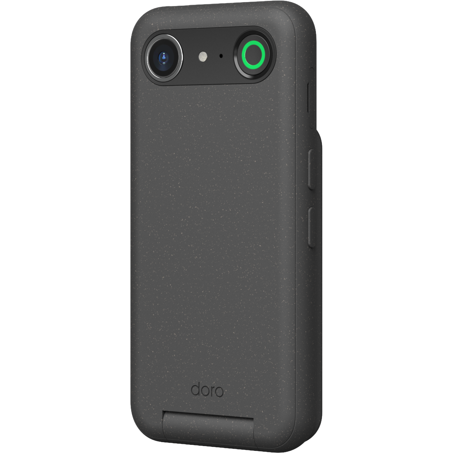Een donkergrijze telefoonhoes met twee camera's en een groen licht. Het merk 'doro' staat onderaan en de hoes is licht gekanteld.