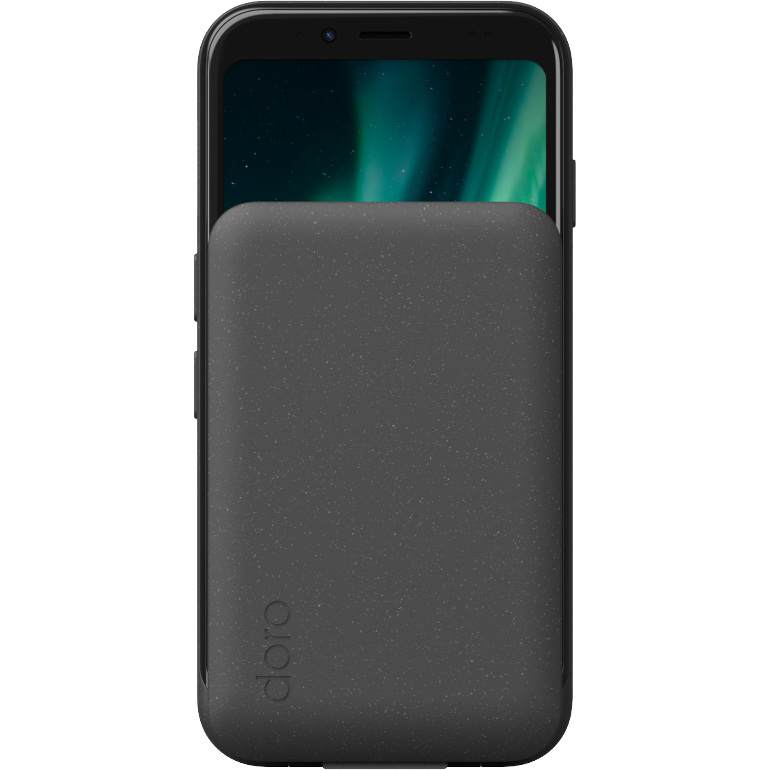 Een zwarte smartphone met een donkergrijze hoes. Het scherm toont een vage groen-witte achtergrond.
