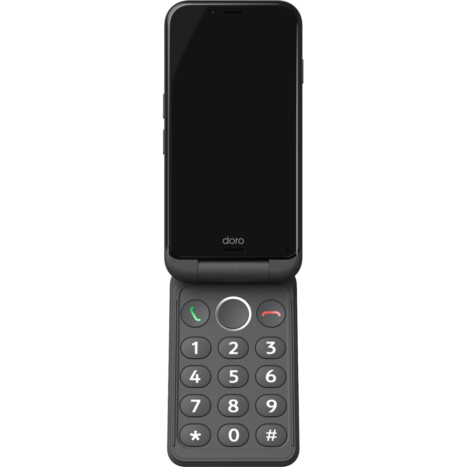 Een zwarte klaptelefoon, open. Het onderste gedeelte heeft een numeriek toetsenbord. Het scherm is zwart. De merknaam 'doro' is zichtbaar.