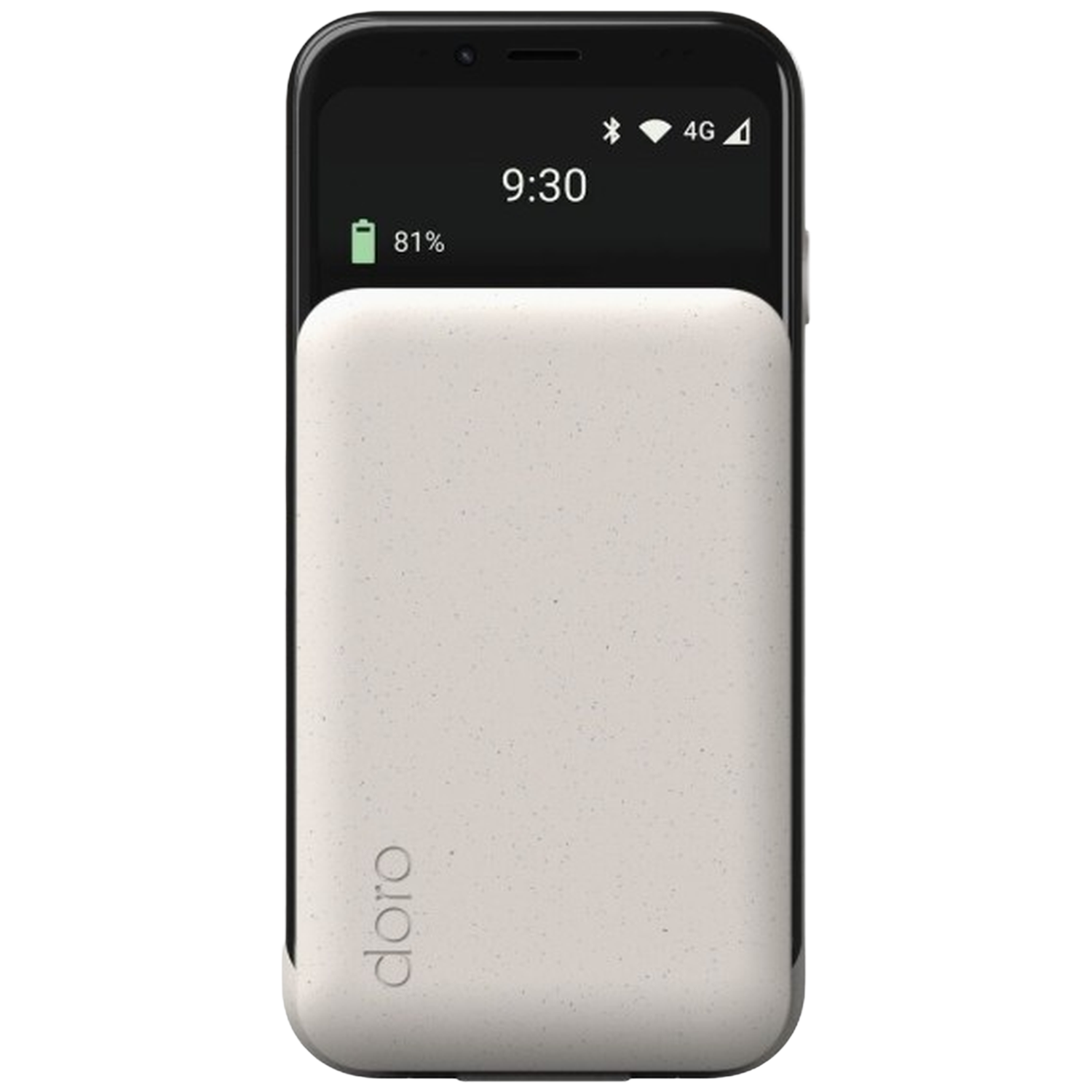 Een zwarte smartphone toont 9:30 en 81% batterij. Een crèmekleurige powerbank met 'doro' logo is bevestigd.