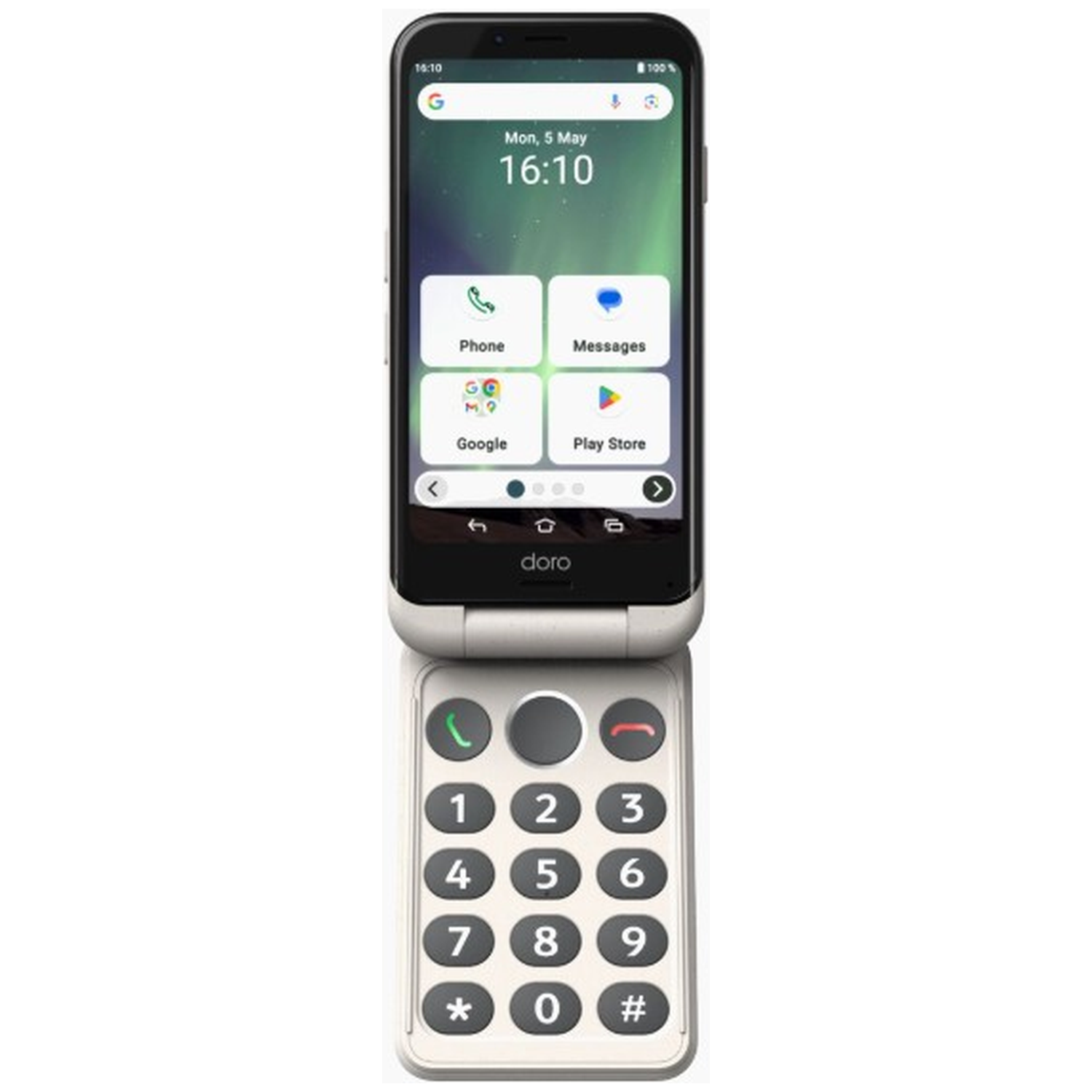 Een opengeklapte Doro-telefoon toont het startscherm. Het scherm toont tijd, datum en app-iconen. Het toetsenbord heeft grote knoppen.
