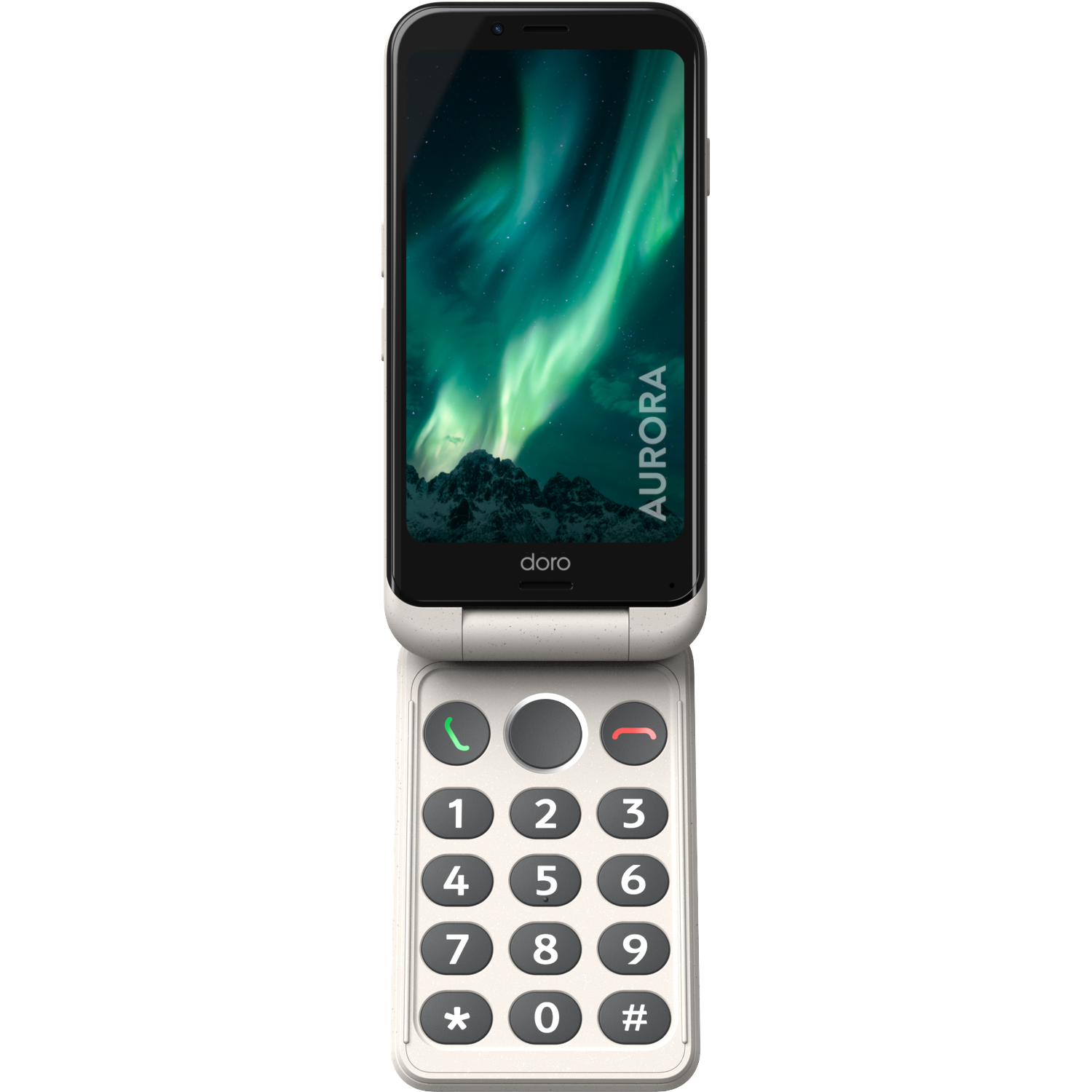 Een witte klaptelefoon met een scherm waarop het noorderlicht te zien is. Het toetsenbord heeft grote knoppen. De telefoon is open.