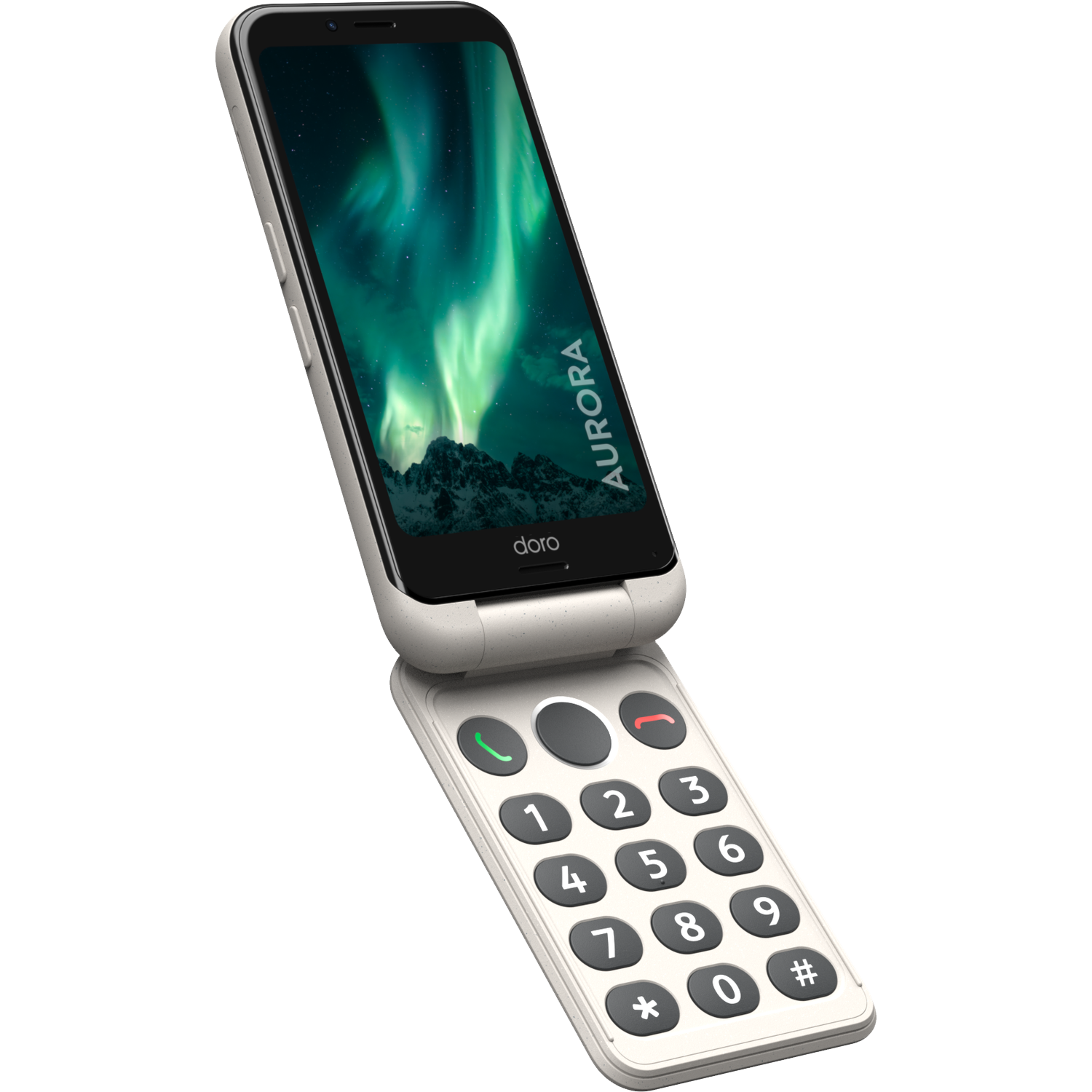 Open klaptelefoon met noorderlicht. Grijze telefoon met numeriek toetsenbord. Aurora-tekst zichtbaar.