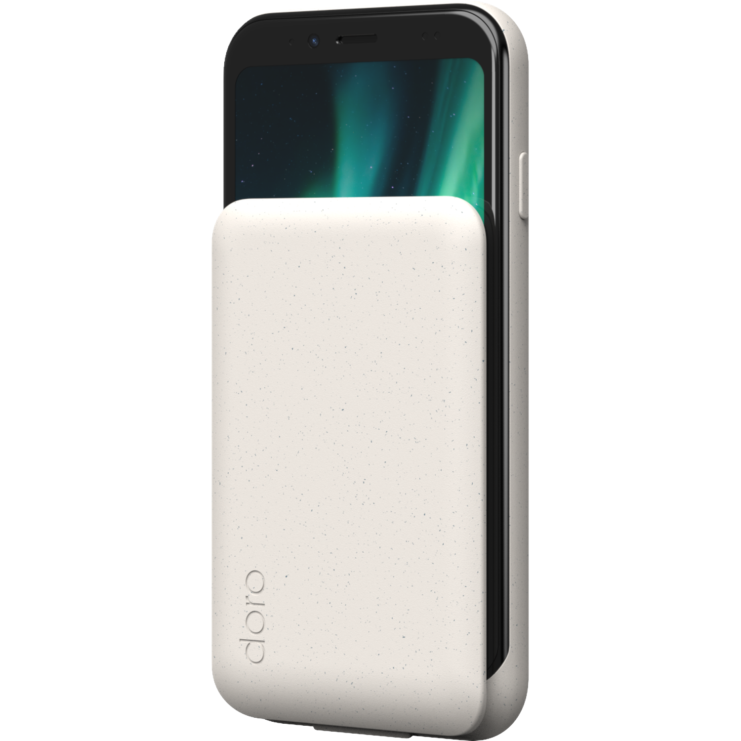 Een smartphone in een crèmekleurige hoes. De telefoon toont een groen-witte aurora-achtige afbeelding.