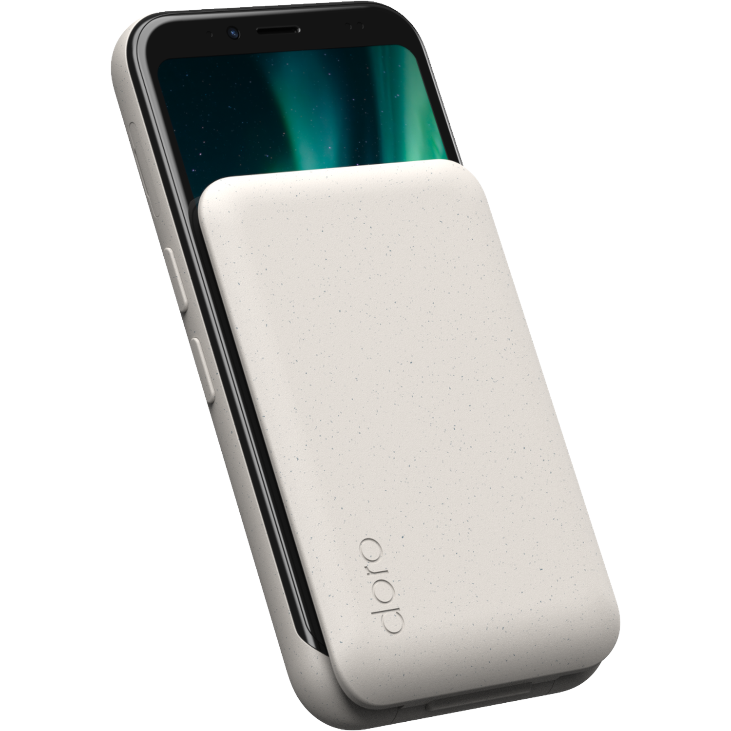 Een smartphone met een crèmekleurige hoes. Het scherm toont een vage groen-witte afbeelding. De hoes is open.