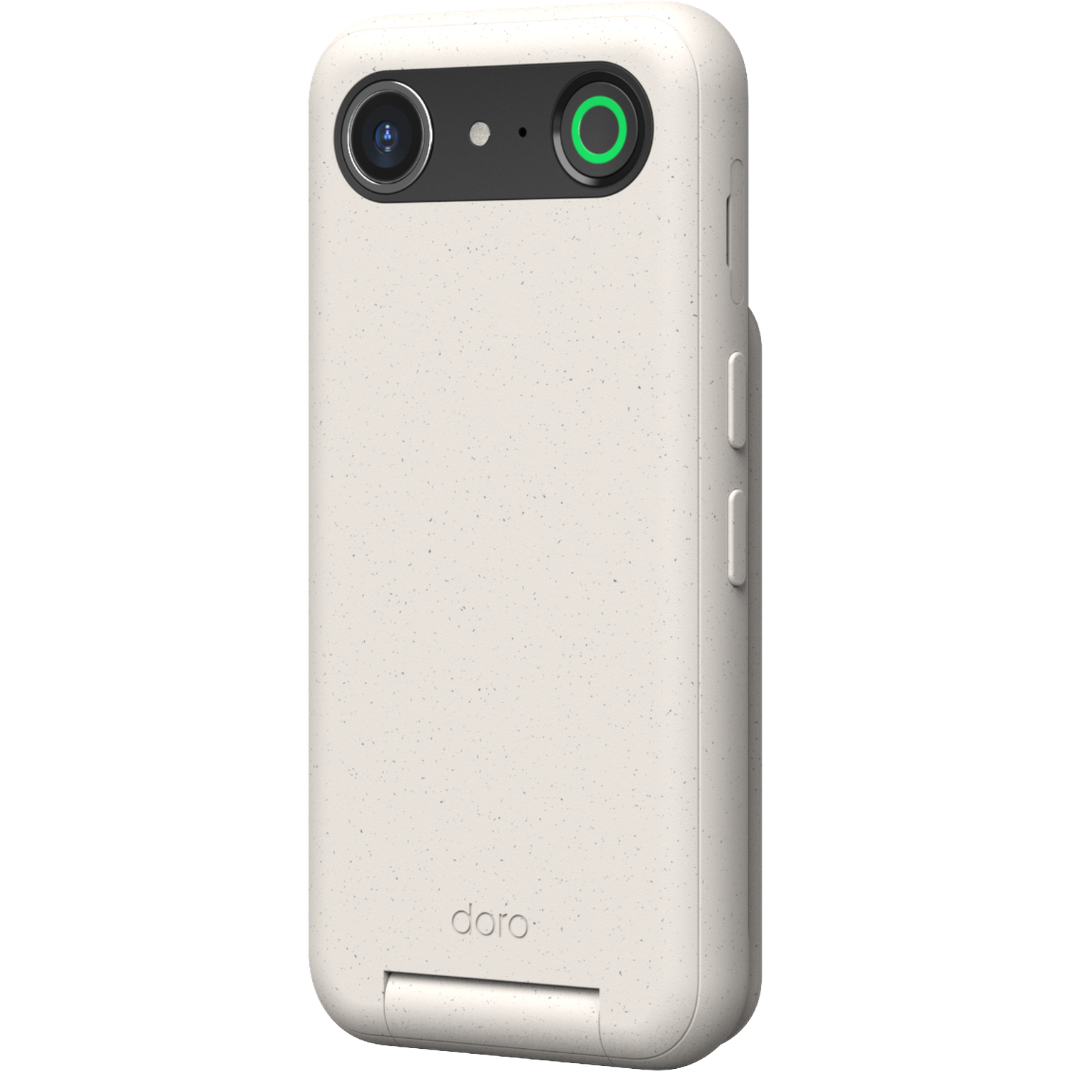 Een beige smartphone met twee camera's en een groen licht. De merknaam 'doro' is zichtbaar.