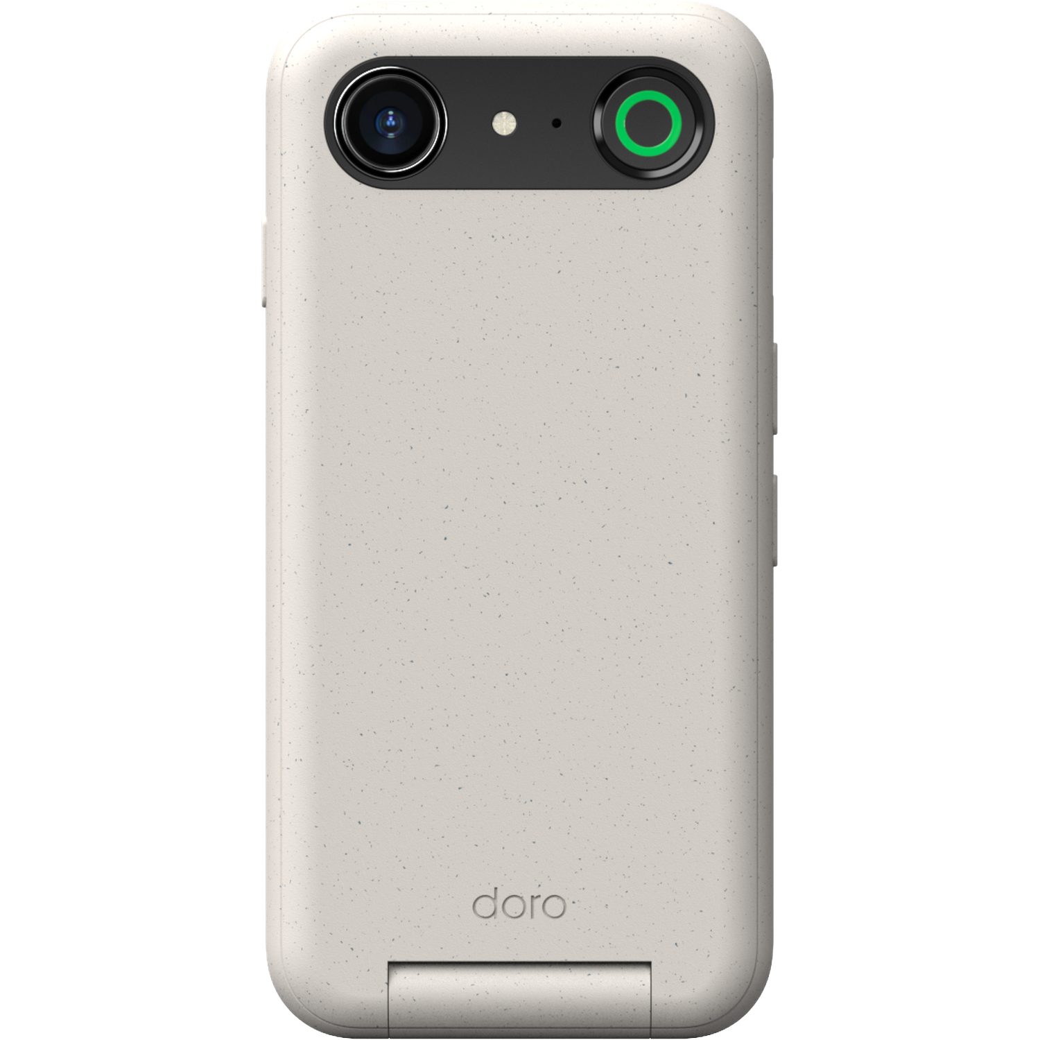 Een beige smartphone met twee camera's en een groene knop. Het merk 'doro' staat onderaan. De telefoon heeft een gespikkelde textuur.